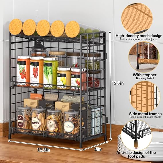 DTUQYX Spice Rack Organizer for Countertop, 3-Tier Large Capacity Foldable Metal Counter Seasoning Storage, Easy to assemble, Shelf with Guardrail and Mesh Design for Bathroom, Kitchen, Cabinet, RVs