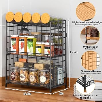 DTUQYX Spice Rack Organizer for Countertop, 3-Tier Large Capacity Foldable Metal Counter Seasoning Storage, Easy to assemble, Shelf with Guardrail and Mesh Design for Bathroom, Kitchen, Cabinet, RVs