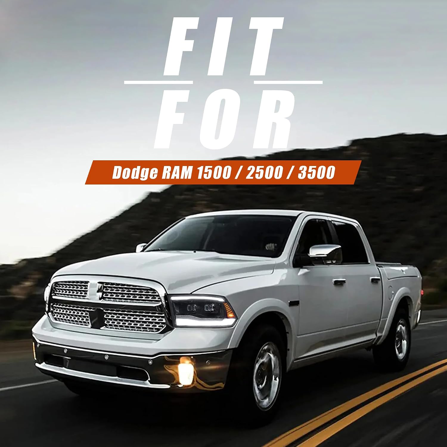 VLAND LED Dual Beam Projector Headlights For 2009-2018 Dodge RAM 1500/2500 / 3500 & 2019-2021 RAM 1500 Classic, W/Dynamic Startup Animation, Amber Reflecor