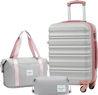 Carry On Luggage Sets 3 Piece 20 Inch Suitcase Set, ABS+PC Hardshell Lightweight Travel Luggage with Spinner Wheels & YKK Zipper TSA Lock for Travel Esssentials (Grey-Pink,20 INCH)