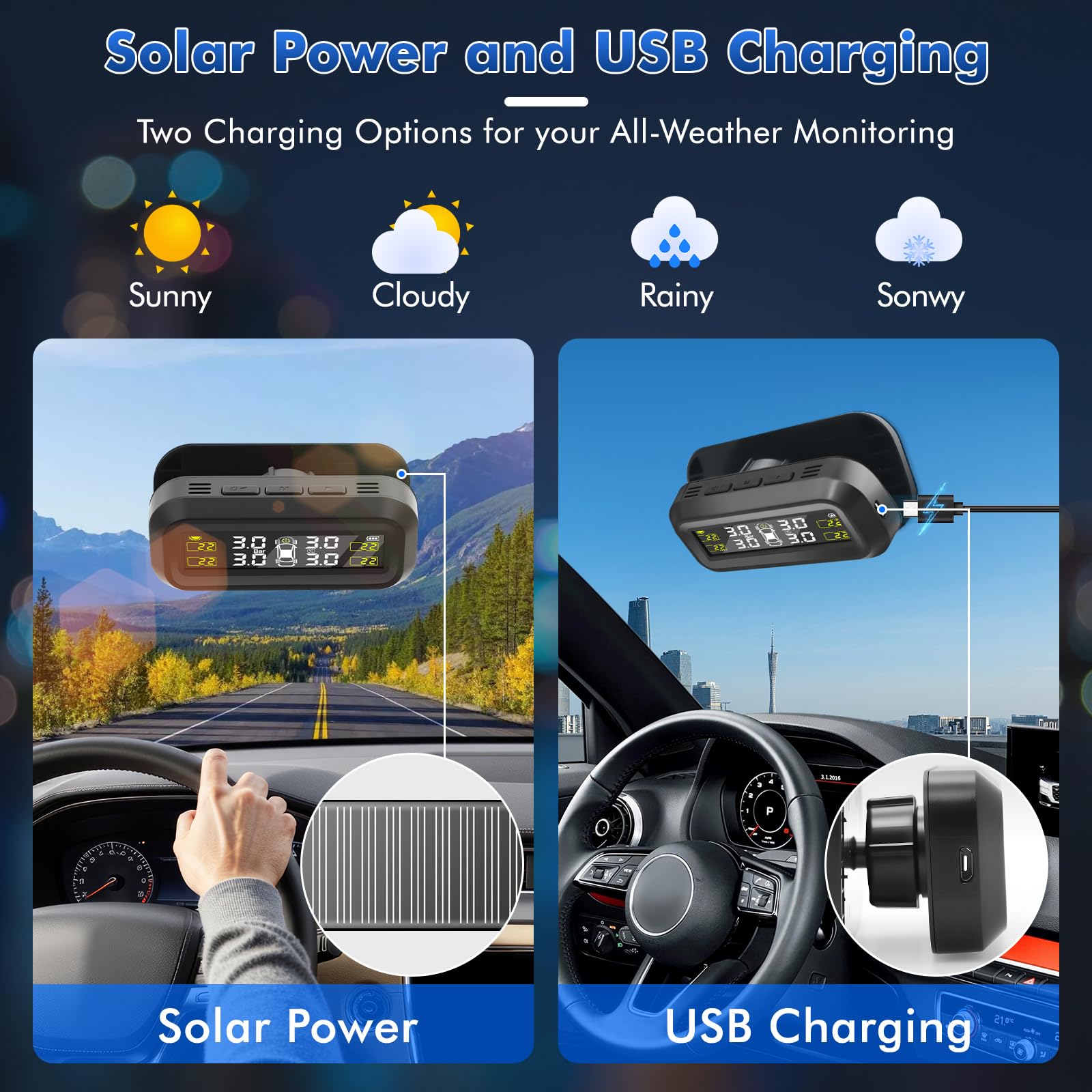 0-3.5Bar Sistema di Monitoraggio della Pressione dei Pneumatici TPMS Wireless Solar, con Ricarica USB, 4 Gomme Sensori Esterni 5 Modalità di Allarme per Auto Car SUV