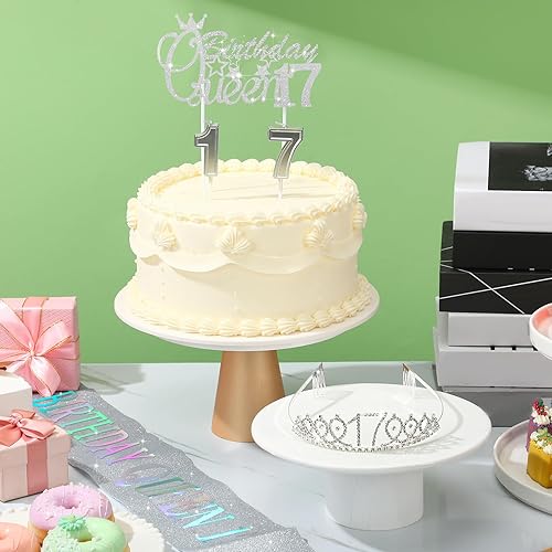 Miniatura 5 de Crowye Decoraciones para fiesta de 17 cumpleaños de reina, banda de corona de tiara de 17 cumpleaños, reina, 17 decoraciones para tartas,