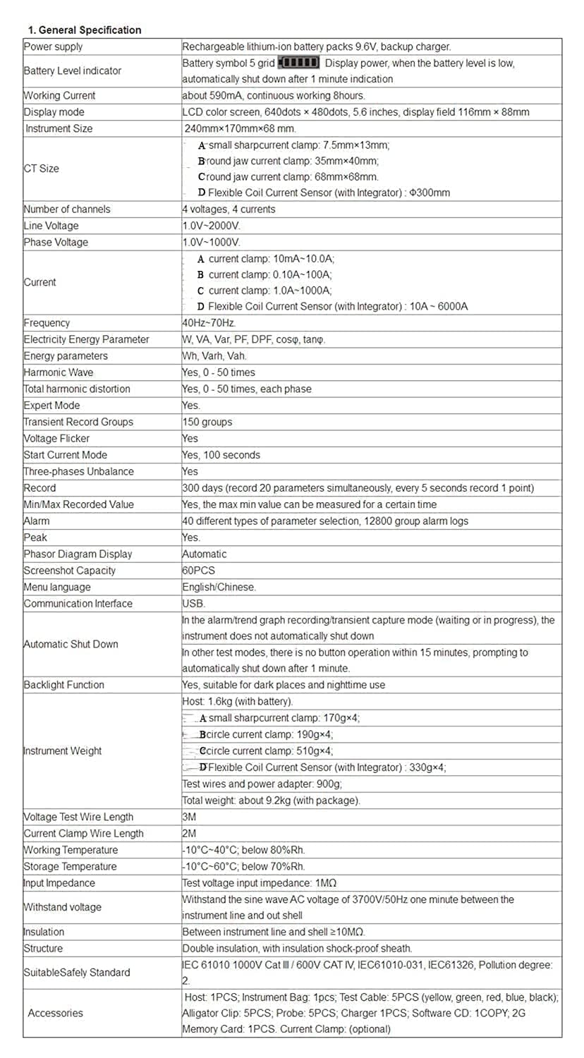 3 Phase Energy Power Quality Analyzer Logger Tester for Measuring AC with Current True RMS 10mA to 6000A Four Groups Current Sensor 10A+100A+1000A+6000A Full Set CT Size Ф8mm+Ф40mm+Ф68mm+Ф300mm