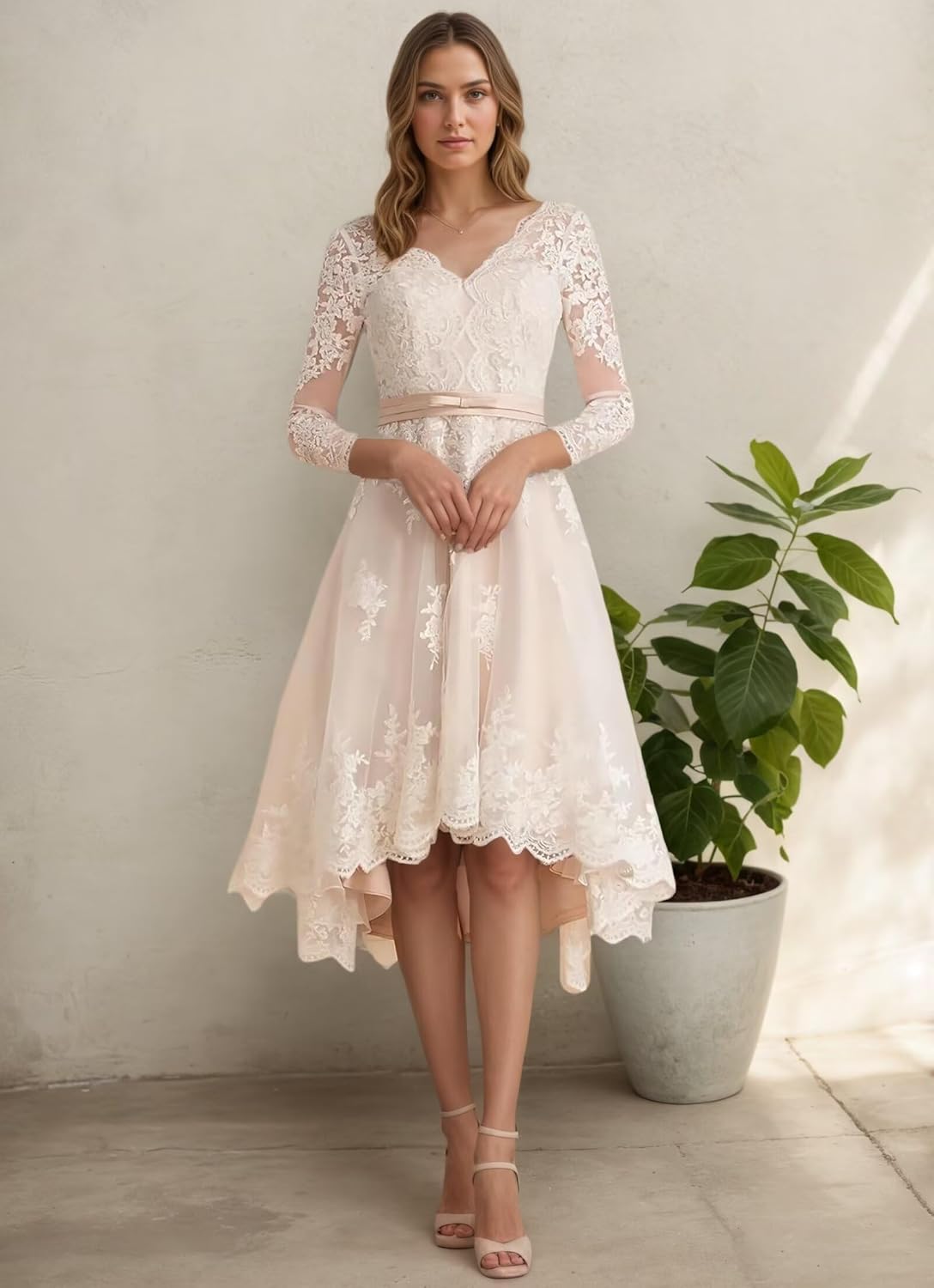 A Line Short Wedding Dresses for Women Applique Lace Satin Bride Dress Tea Length 3/4 Sleeves Bridal Gowns 2026