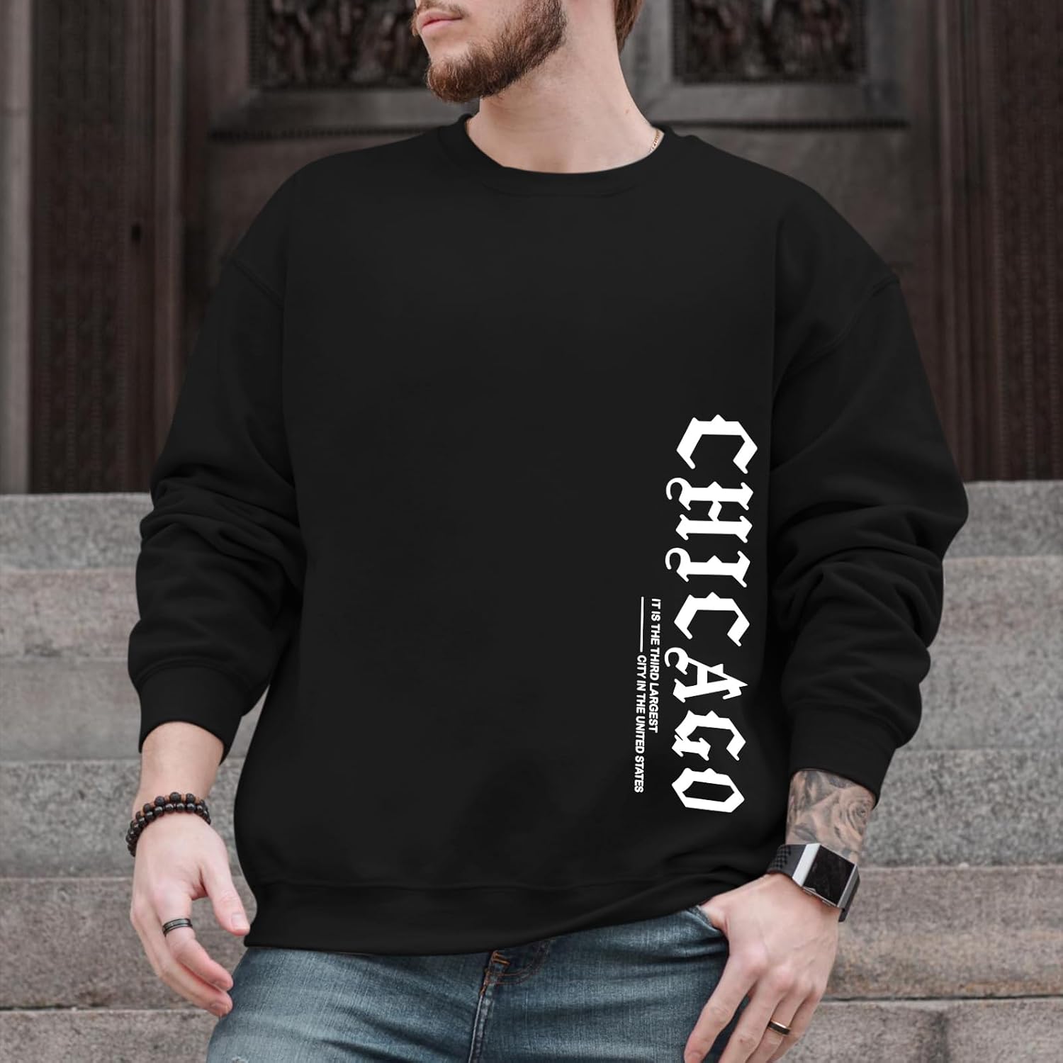 Mens Crewneck Sweatshirts Chicago Letter Print Sweatshirt Streetwear Graphic Pullover Casual Long Sleeve Shirts Top - Image 5