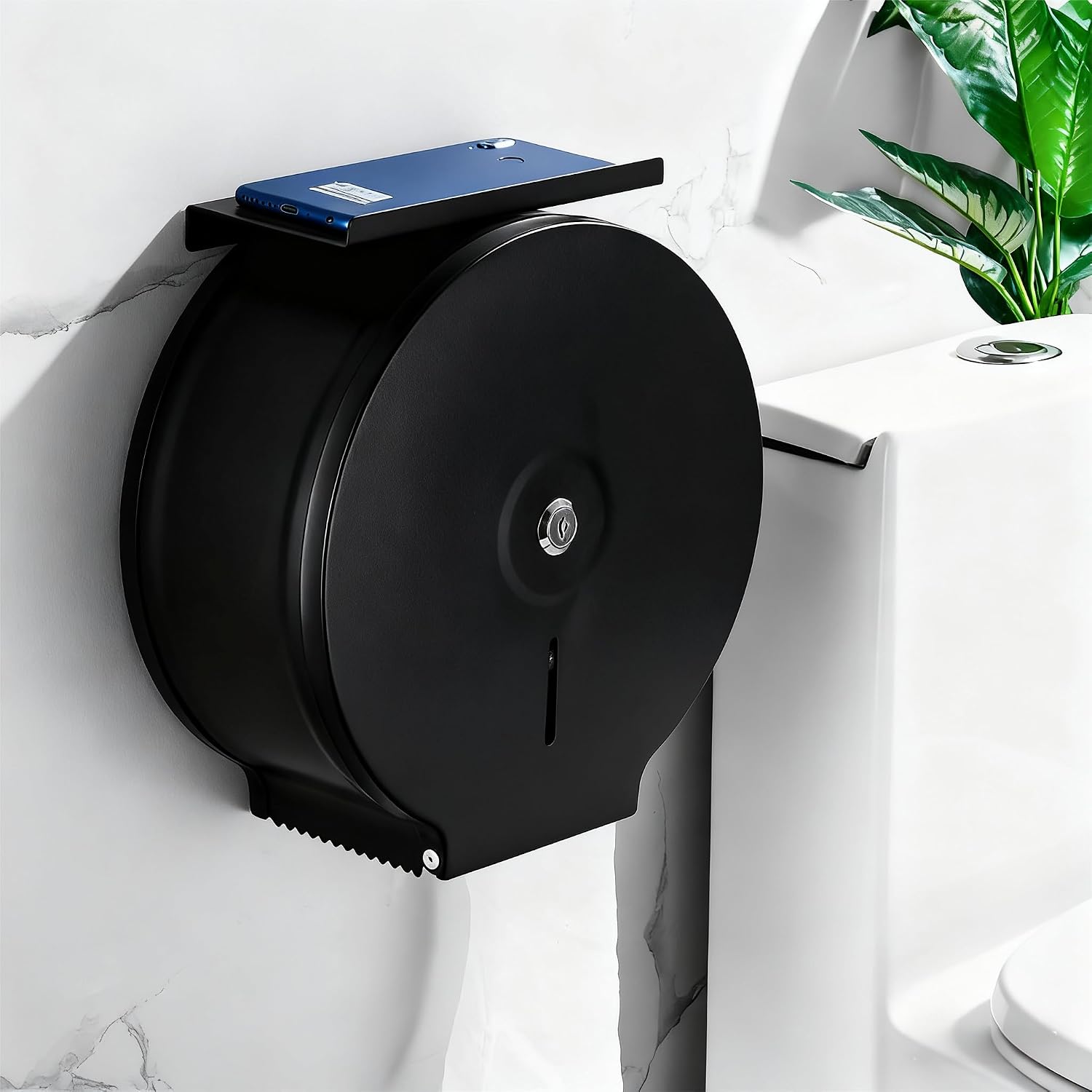 Commercial Jumbo Toilet Paper Dispenser with Shelf, Black Stainless Steel Toilet Paper Holder Wall Mount, 9 Inch Bathroom Tissue Roll Dispenser with Lock Key