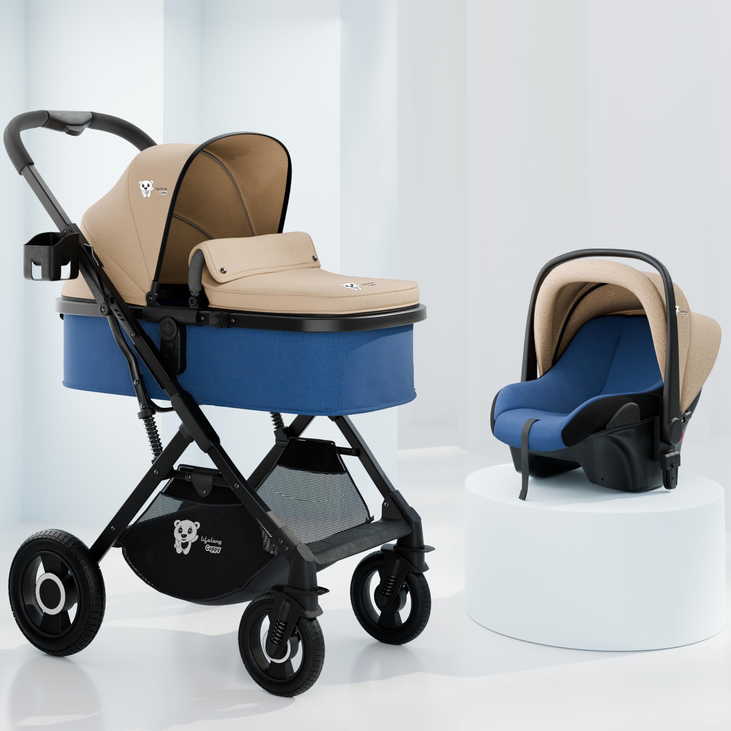 Lifelong Cuppy Baby Strollers 0 to 3 Years - 4 in 1 Stroller/Pram,Car Seat,Bassinet & Carry Cot - Sturdy Stroller with Bottle Holder & Mosquito Net|Foldable & Pram,Blue Beige
