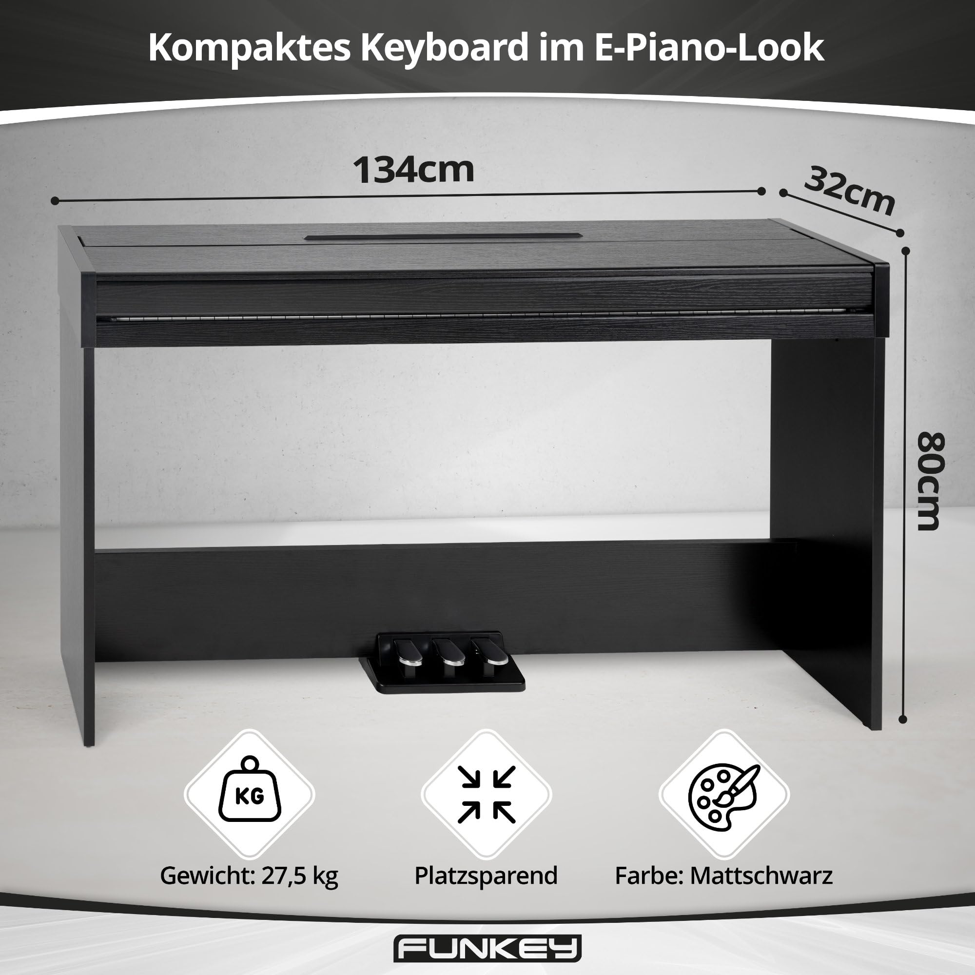 FunKey DP-1088 SM Pianoforte digitale sottile - 88 tasti sensibili alla velocità e 3 pedali - 20 suoni - Altoparlanti stereo integrati e 2 prese per cuffie - Finitura nera opaca