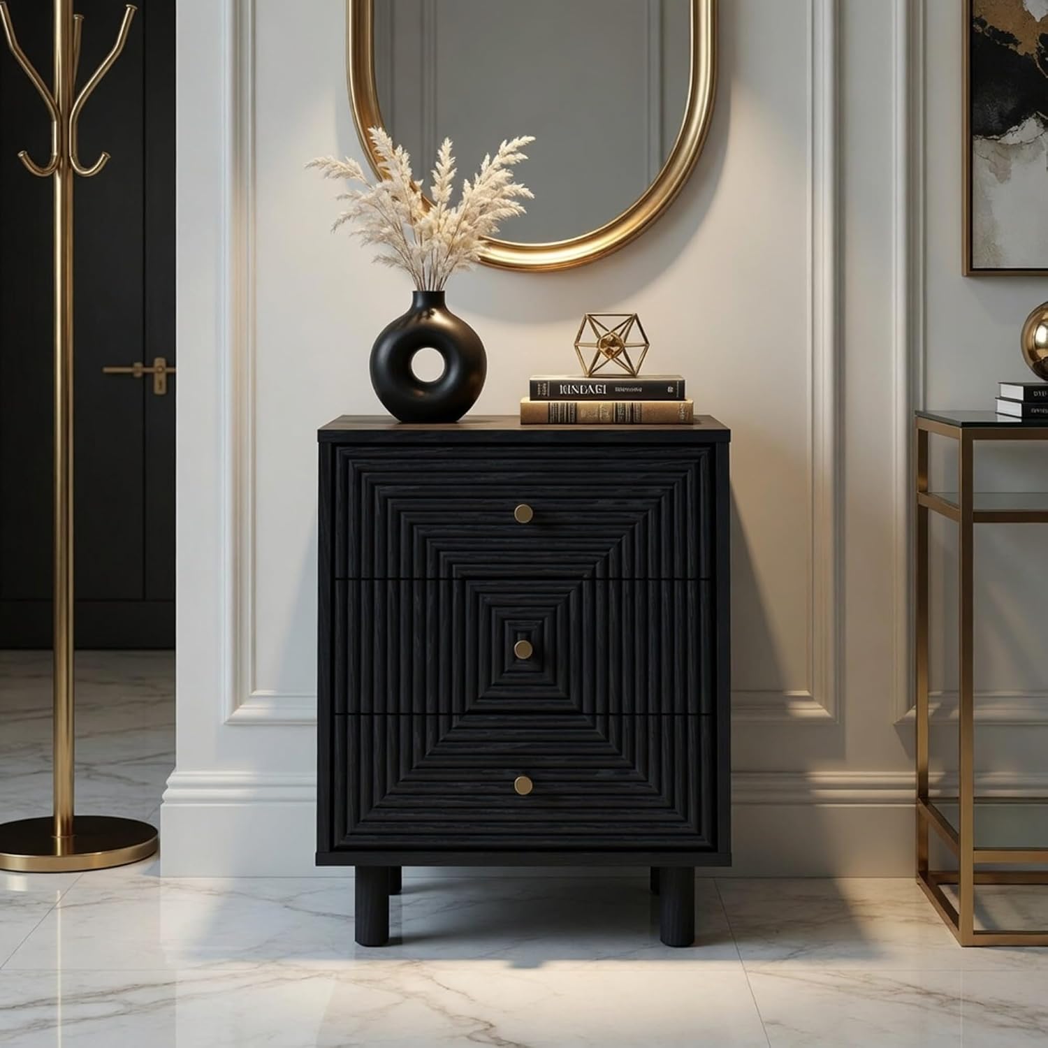 3 Drawer Nightstand Modern Wood Chest Black Gold Knobs Bedroom