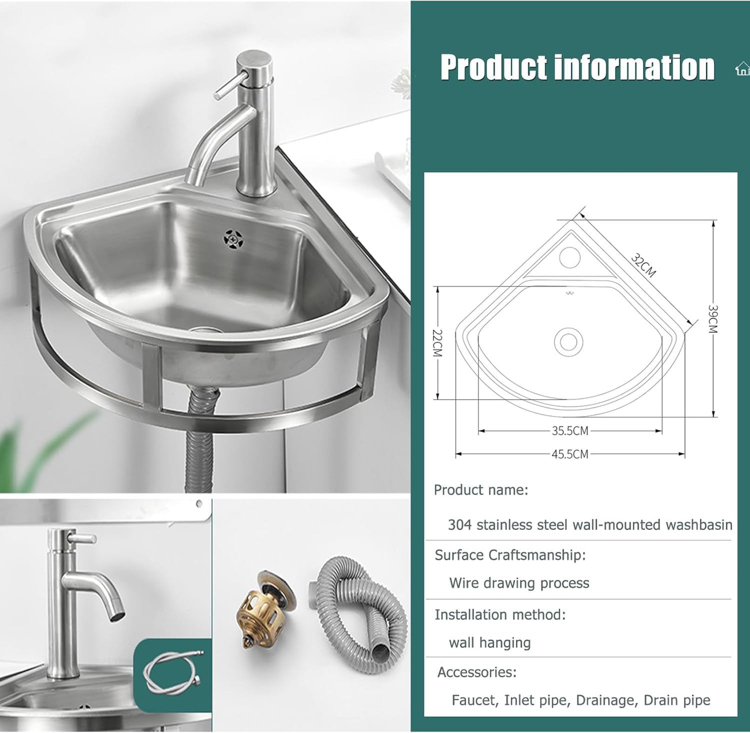 Kitchen Utility Sink,Stainless Steel Sink Corner Wall-Mounted Utility Hand Wash Basin Modern Bathroom with Faucet Motorhome Bar (Silver)