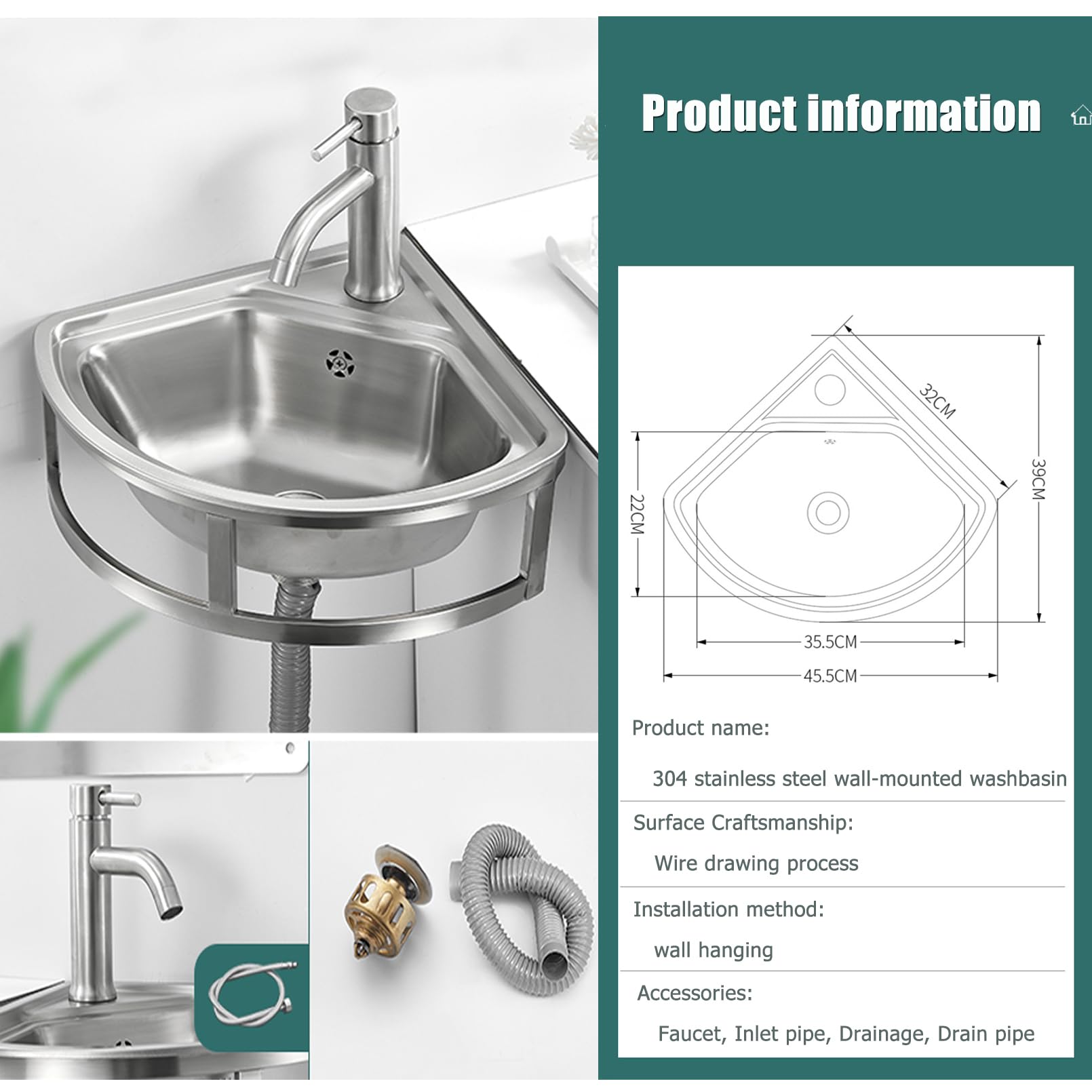 Lavabo angolare da parete in acciaio inox con rubinetto, moderno lavabo per bagno o bar, design salvaspazio per camper e piccoli spazi