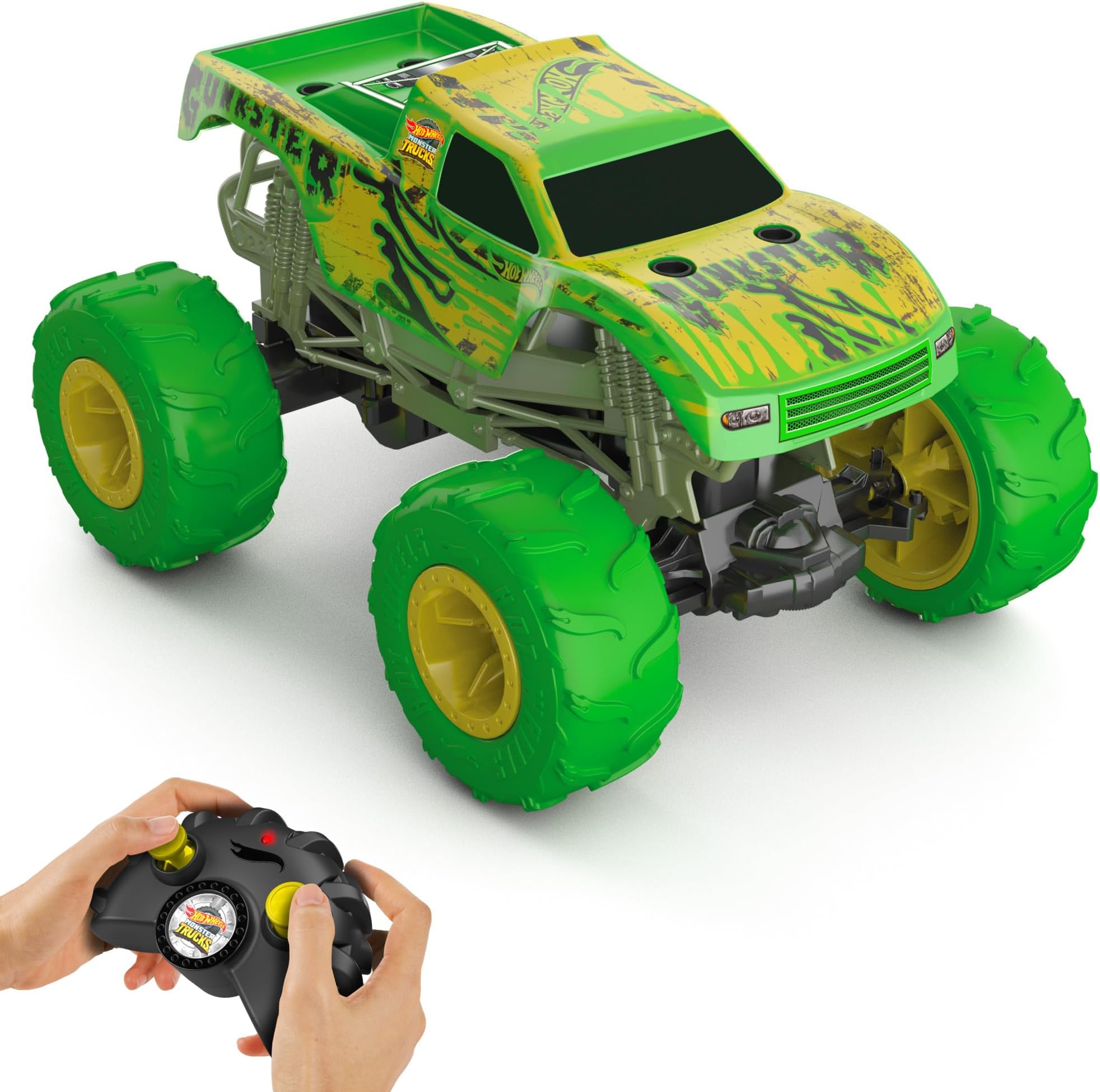 Hot Wheels Monster Trucks 1:15 Scale Gunkster RC Truck, Glows in the Dark, Terrain Action Tires with Off-Roading Capability, HTP15
