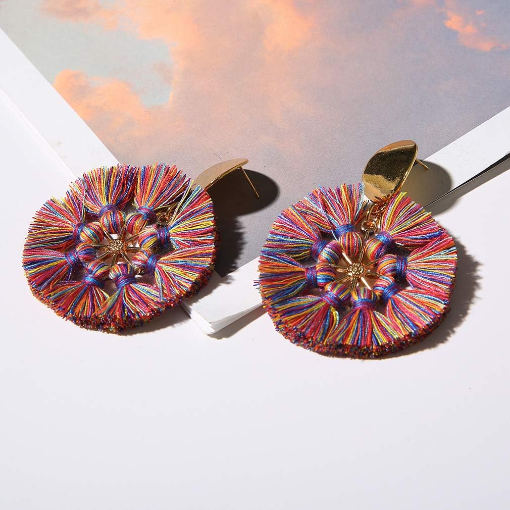 Round Tassel Dangle Earrings for Women - Handmade Bohemian Fringe Vintage Drop Earrings,Female Boho Rope Tassel Earrings,Beach Vacation Daily Ear Jewelry for Mom Sister (Tassel Earrings Colorful01)