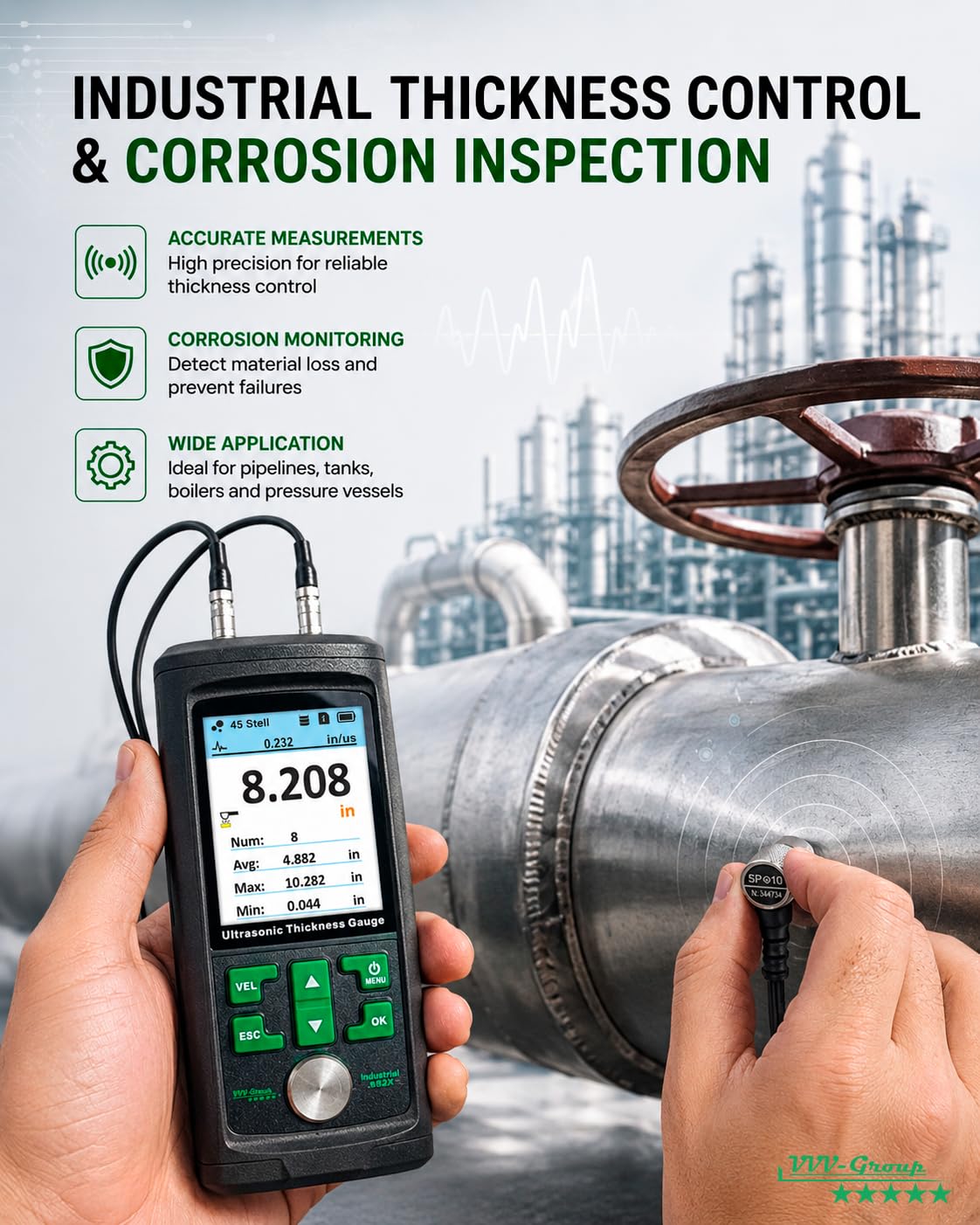 Ultrasonic Thickness Gauge Industrial-882X / Steel, Metals, Plastic, Glass, PVC, Pipes Thickness Gauge Meter – Range 0.039 to 11.811 inch (1-300mm) | Color LCD (All Material)