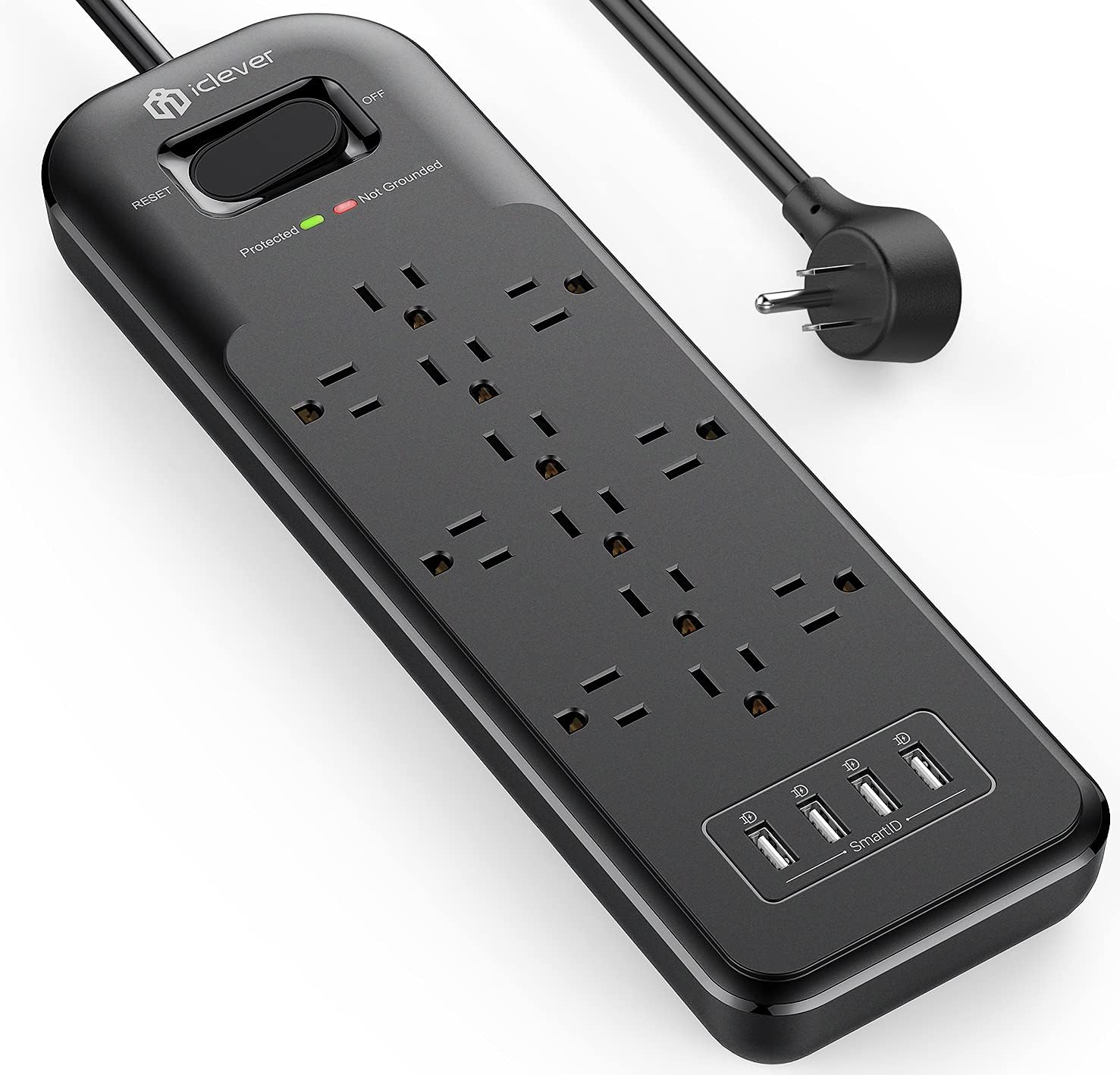 Power Strip iClever Surge Protector 1875W/15A with 3 Line 4200J 4 USB Charging Ports(5V/4.8A) 12 AC Outlets 6.6ft Extension Cord Flat Plug USB Power Strip Wall Mount ETL Listed for Home Office Dorm
