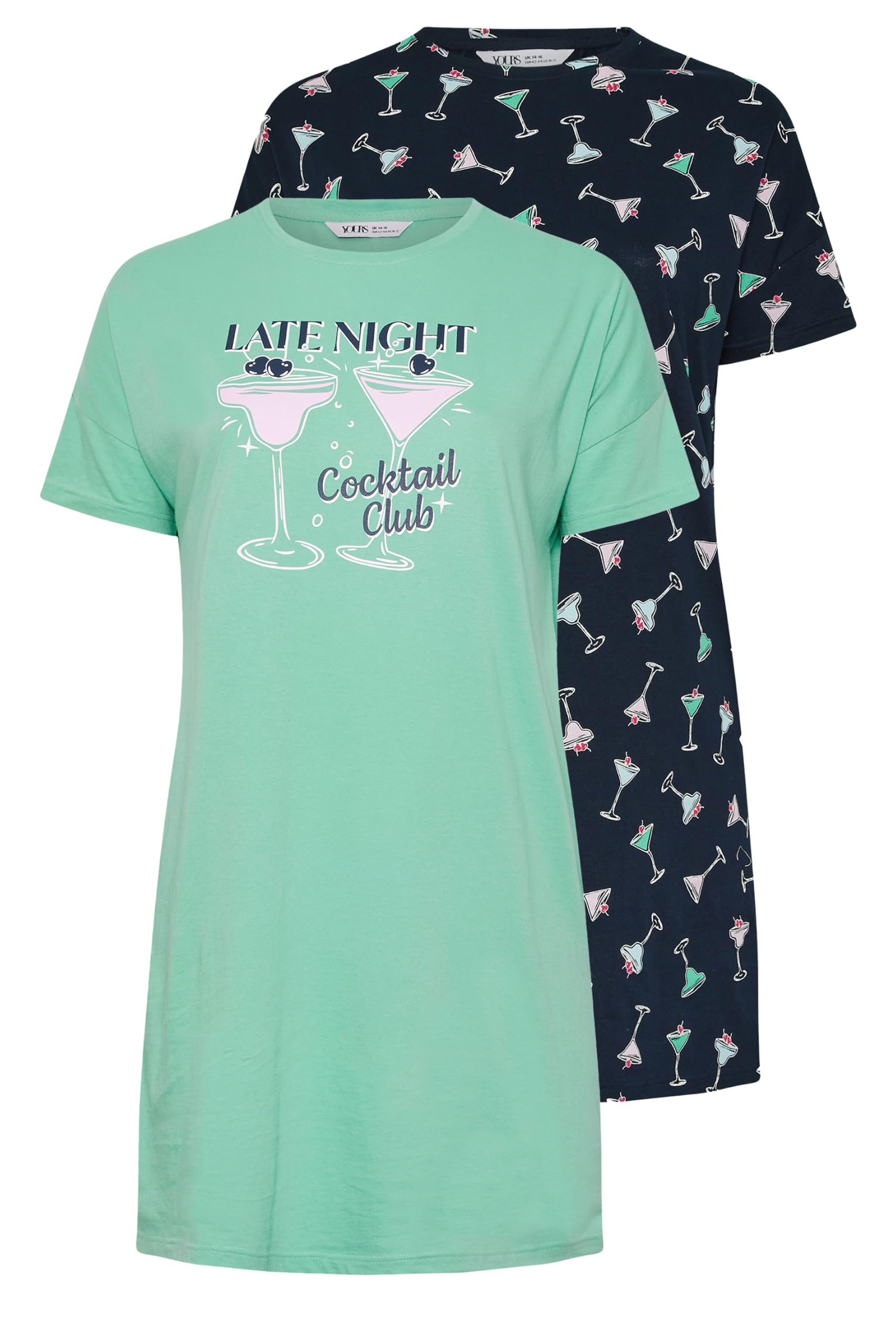 Yours Women's Green 2 Pack Cocktail Print Sleep Tee Nightdresses In Size 26-28