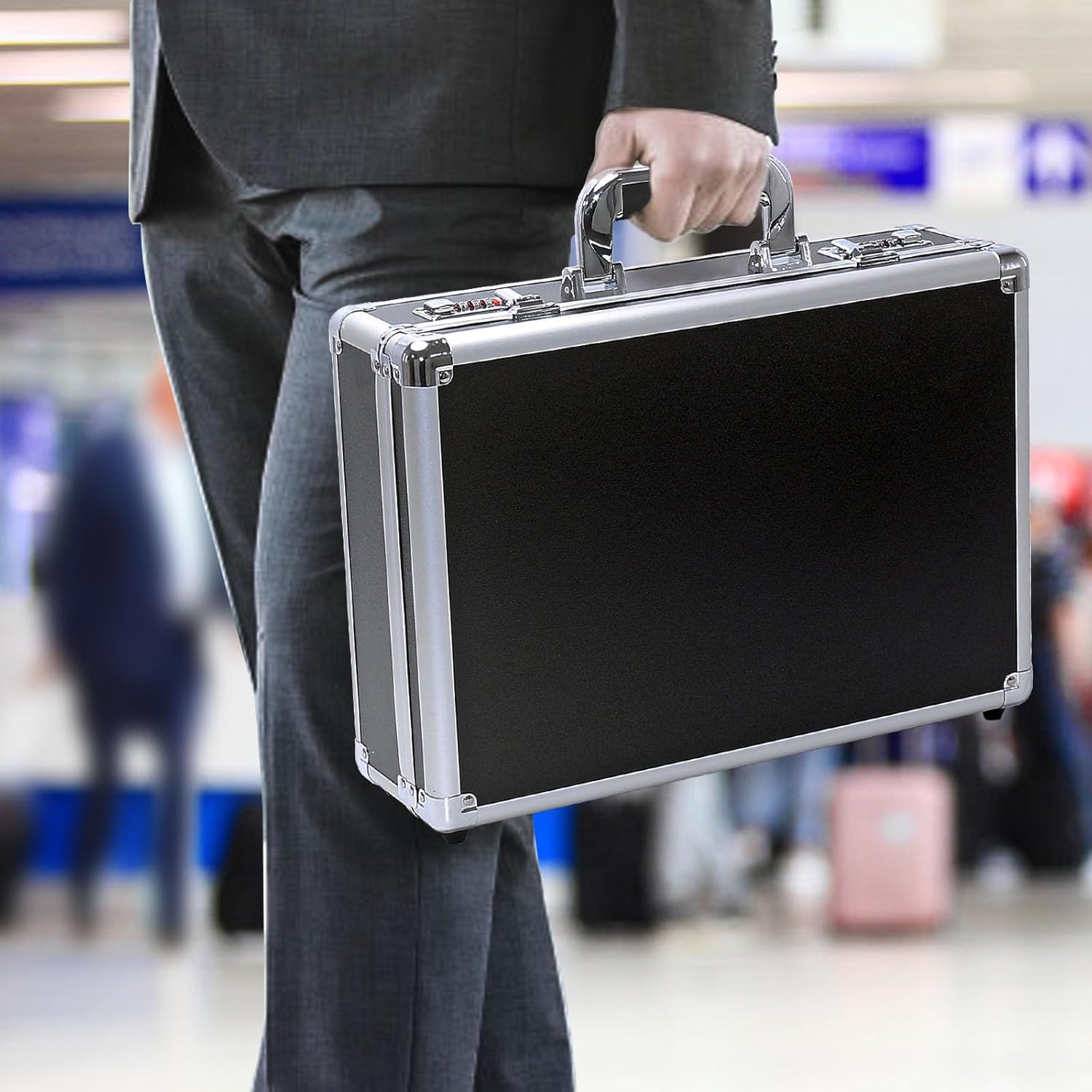 Aluminum Briefcase with Dual Lock Business Travel Case Suitcase Laptop Case Attache Case 18"x12.6"x5.1" Black Large