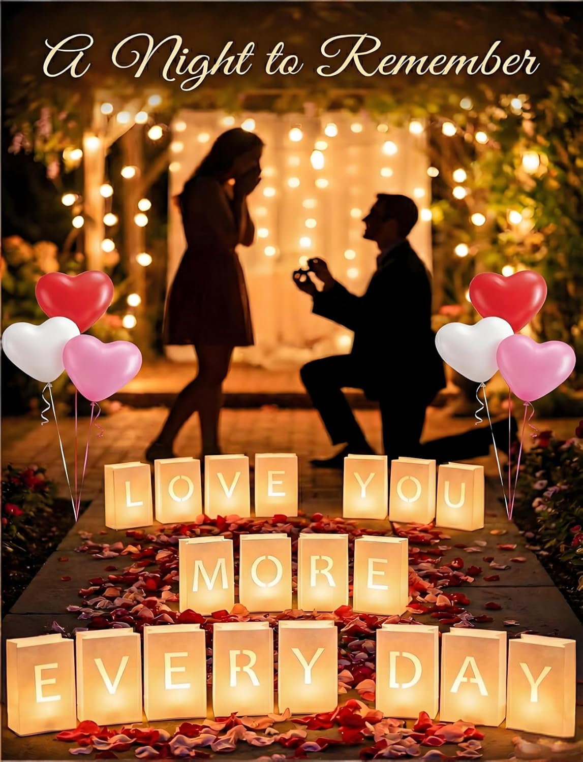 AceList Romantic Anniversary Decorations Set - Love You More Every Day 19 Pcs Luminary Bags with 40 LED Tea Lights, 2000 Rose Petals & 6 Heart Balloons - Light Up Letters Kit for Proposal