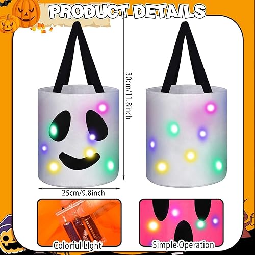 Miniatura 8 de Sadnyy 3 bolsas de Halloween con luz LED, cubo de calabaza, bolsas de Halloween iluminadas con cara de calabaza sonriente, bolsas de dulces