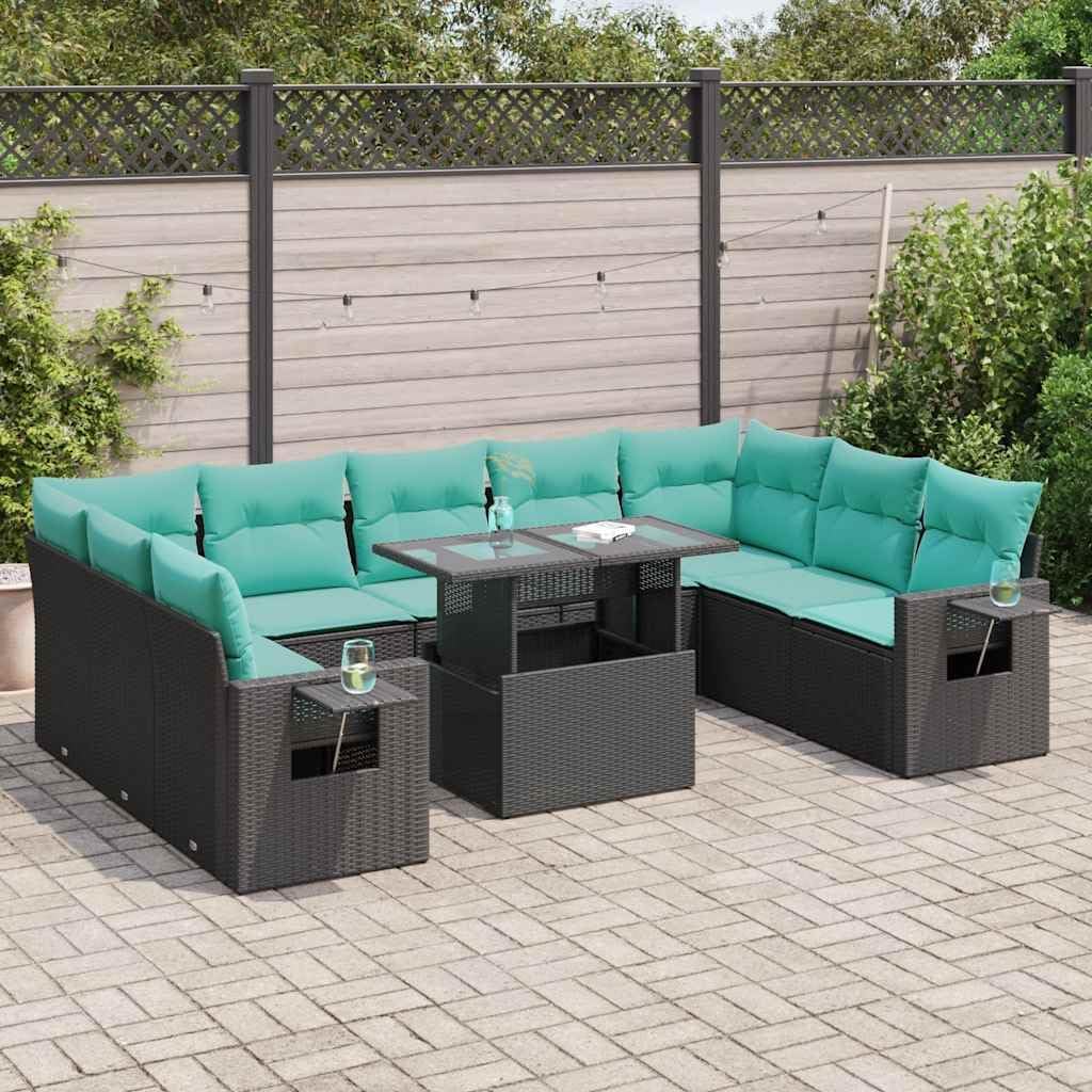 10 Piece Patio Sofa Set with Cushions Black Poly Rattan Acacia Outdoor Patio Set Garden Seating Ensemble for Garden Backyard