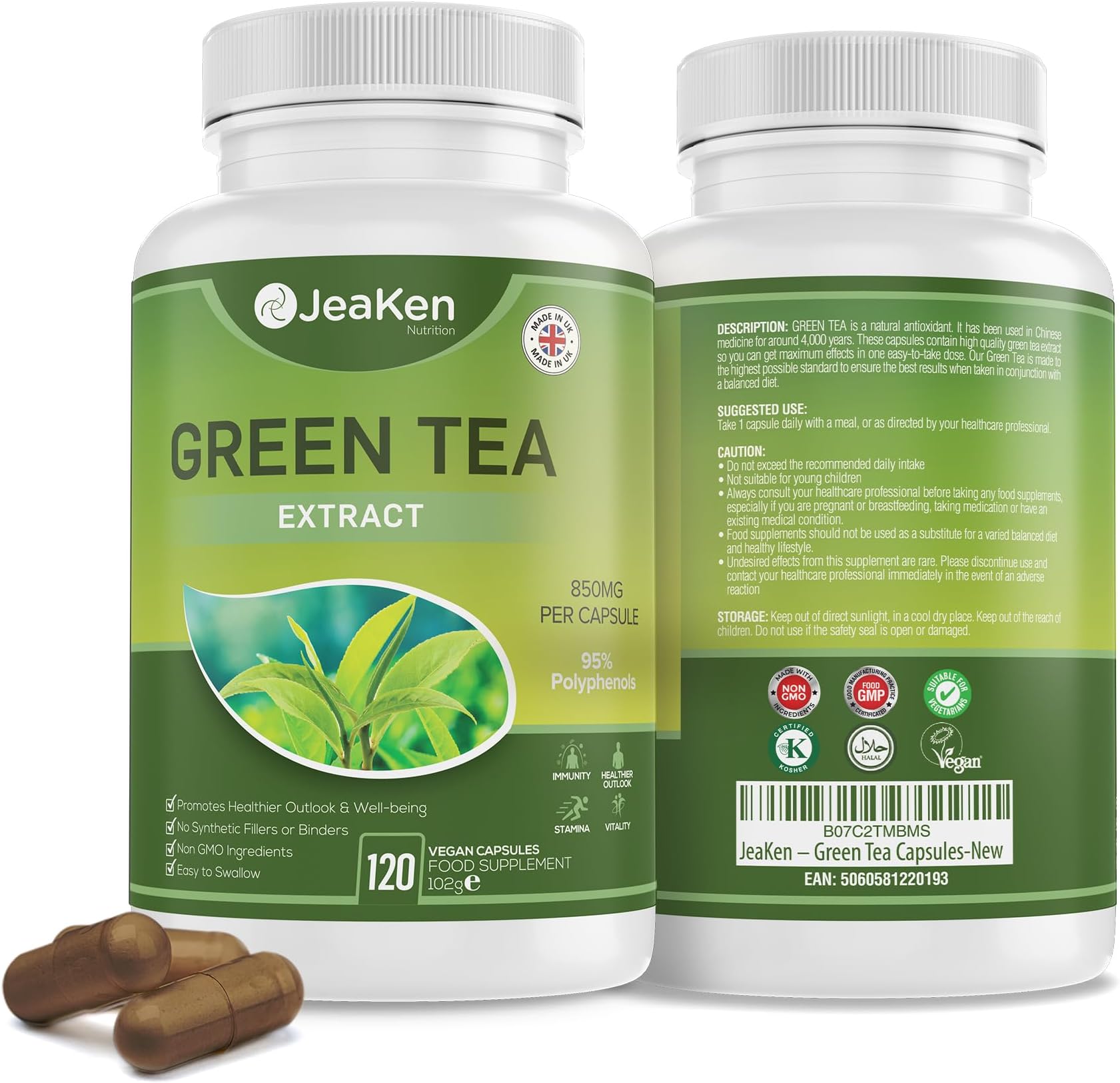 Green Tea Capsules - Contains 95% polyphenol Green Tea Extract for a Healthy Metabolism - Rich in Caffeine and antioxidants - Promotes Hydration - 120 Allergy-Free Vegan Capsules.