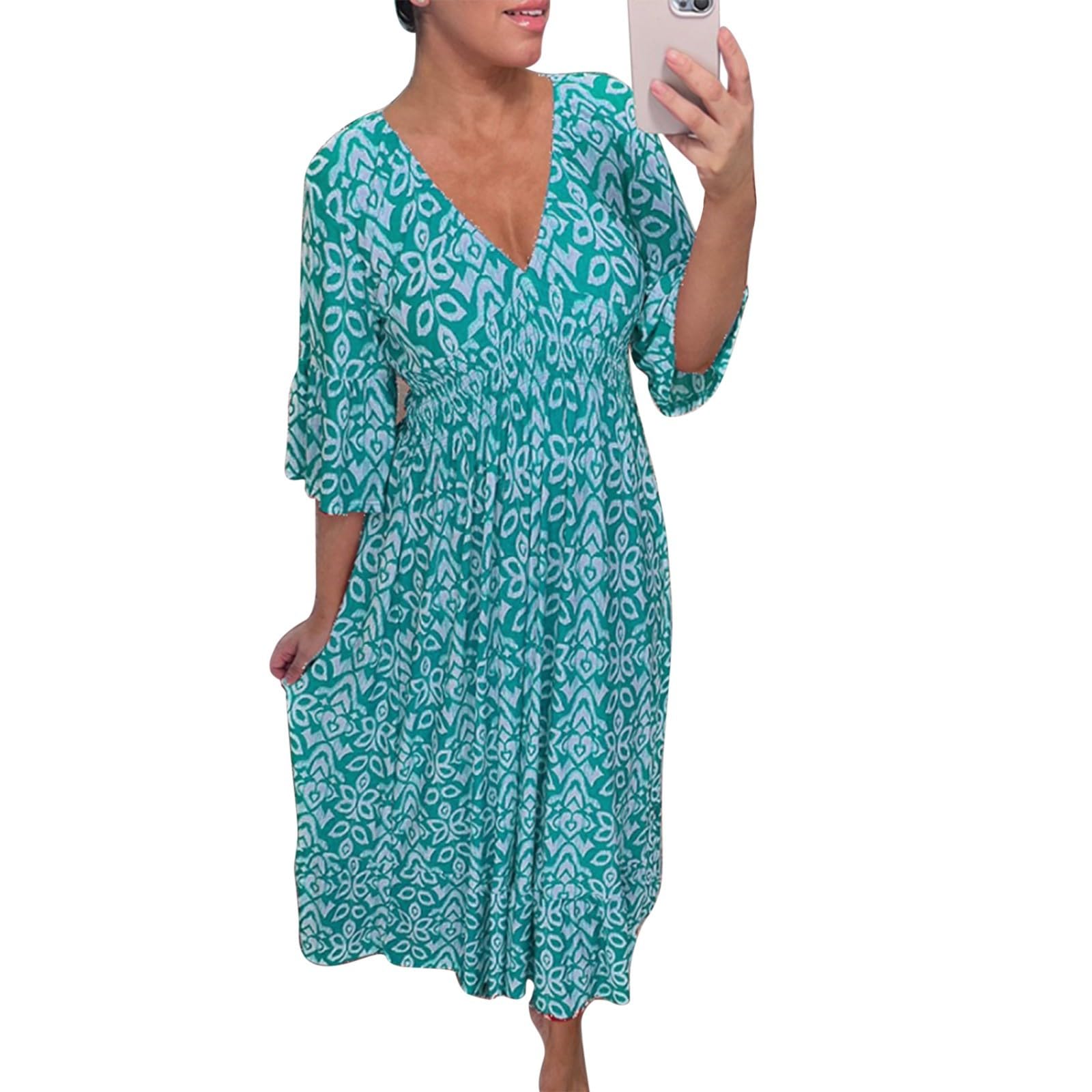 Women 2024 Summer Casual Dresses Boho Wrap V Neck Ruffle 3/4 Sleeve Beach Cocktail Flowy Pleated A-Line Maxi Dress(Xb Blue,XL)
