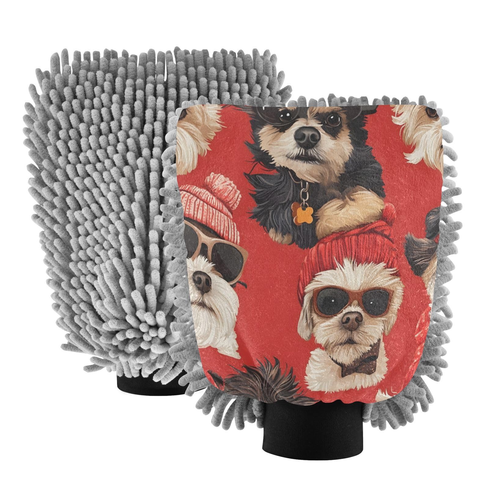 STAYTOP Cute Dog Car Wash Mitt Microfiber, 2Pcs Scratch Free Lint-Free, Premium Chenille Microfiber Mitt Car Wash Brush-L