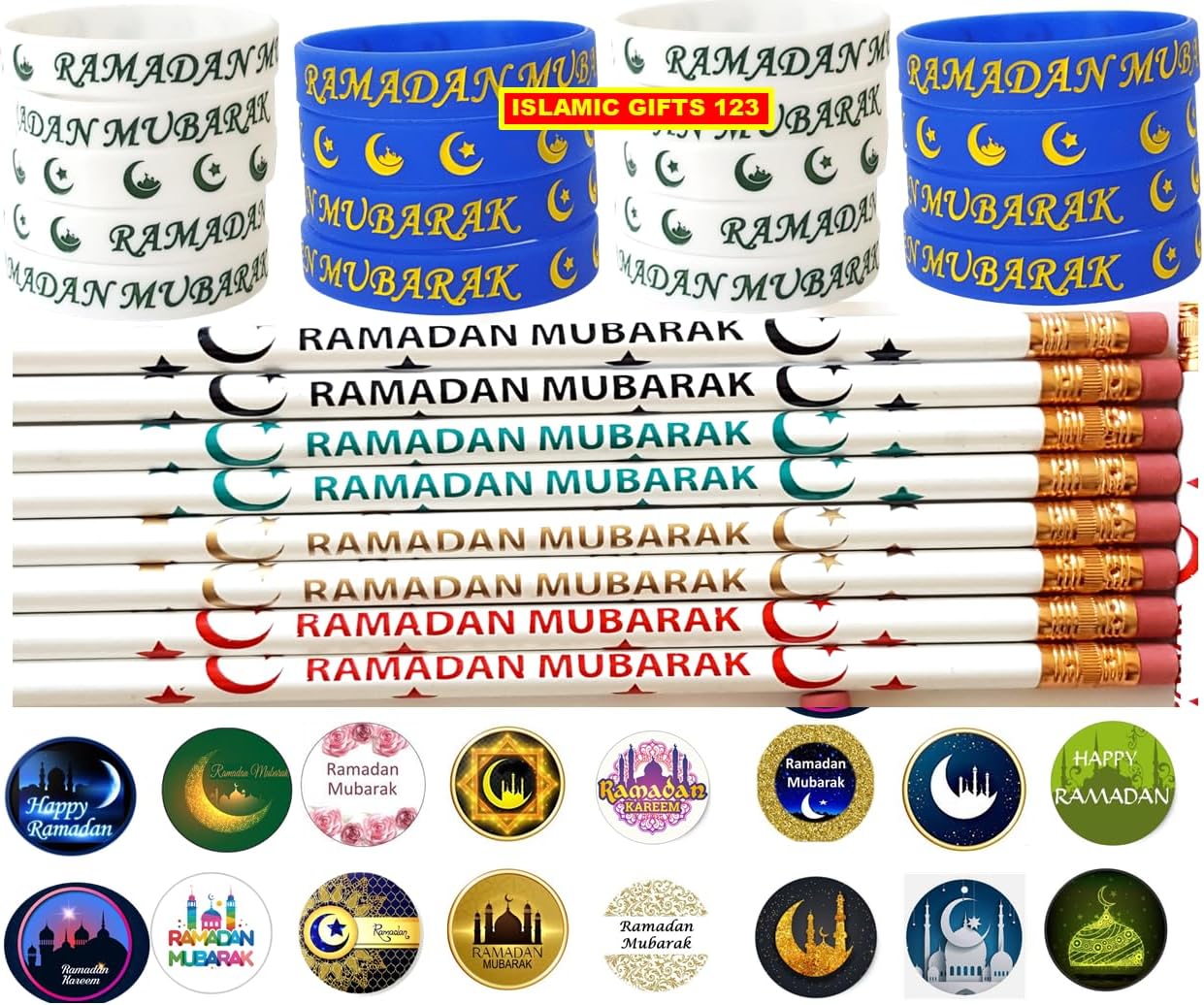 448 Pcs Ramadan Mubarak Pencils Wristbands Stickers Set Ramadan Gifts Muslim Wristbands Round Novelty Stickers Eid Mubarak Party Decorations Gifts for Muslims(Ramadan Pack)
