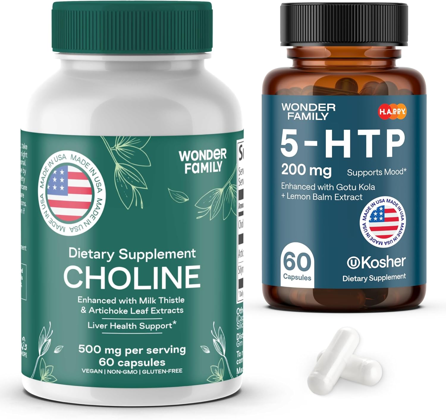 WONDER FAMILY Maximal Focus Bundle - Choline Bitartrate 500MG for Focus & Memory, 5-HTP Supplement for Energy - 60 5HTP 200MG Capsules, 60 Choline Capsules