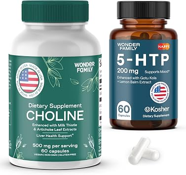 WONDER FAMILY Maximal Focus Bundle - Choline Bitartrate 500MG for Focus & Memory, 5-HTP Supplement for Energy - 60 5HTP 200MG Capsules, 60 Choline Capsules