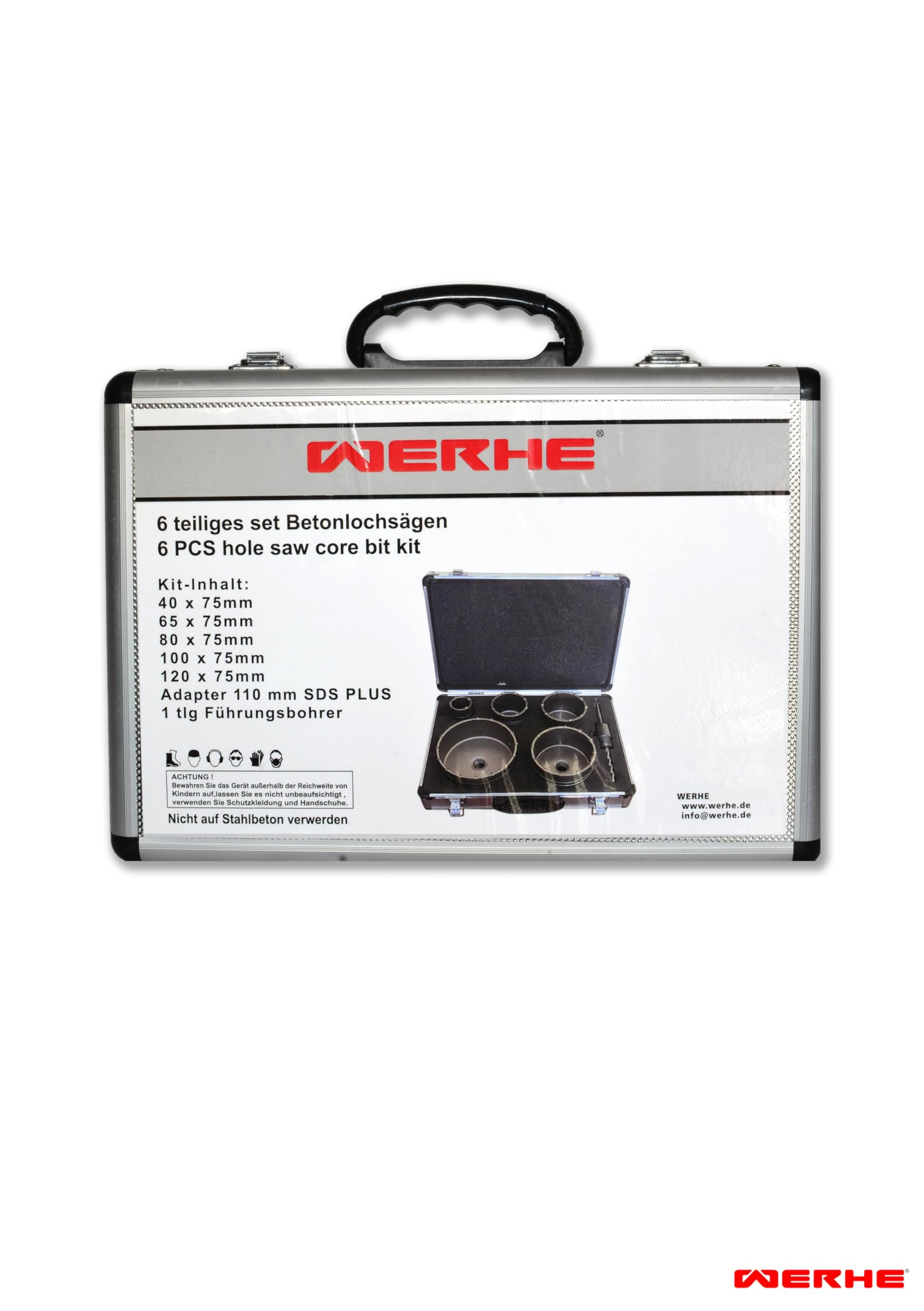 WERHE Set Sega a Tazza per Calcestruzzo 6 Pezzi, 40-120 mm, SDS Plus | denti in metallo duro, profondità di foratura 75 mm, M22 filettatura, valigetta da trasporto con inserto in schiuma