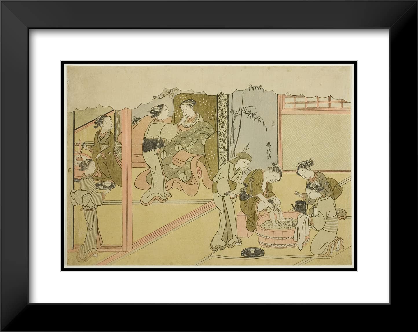 ArtDirect Suzuki Harunobu 24x19 Black Modern Framed and Double Matted Art Print Titled The First Childbirth (Uizan), The Seventh Sheet of The Series Marriage in Brocade Prints, The Carriage of The Vi