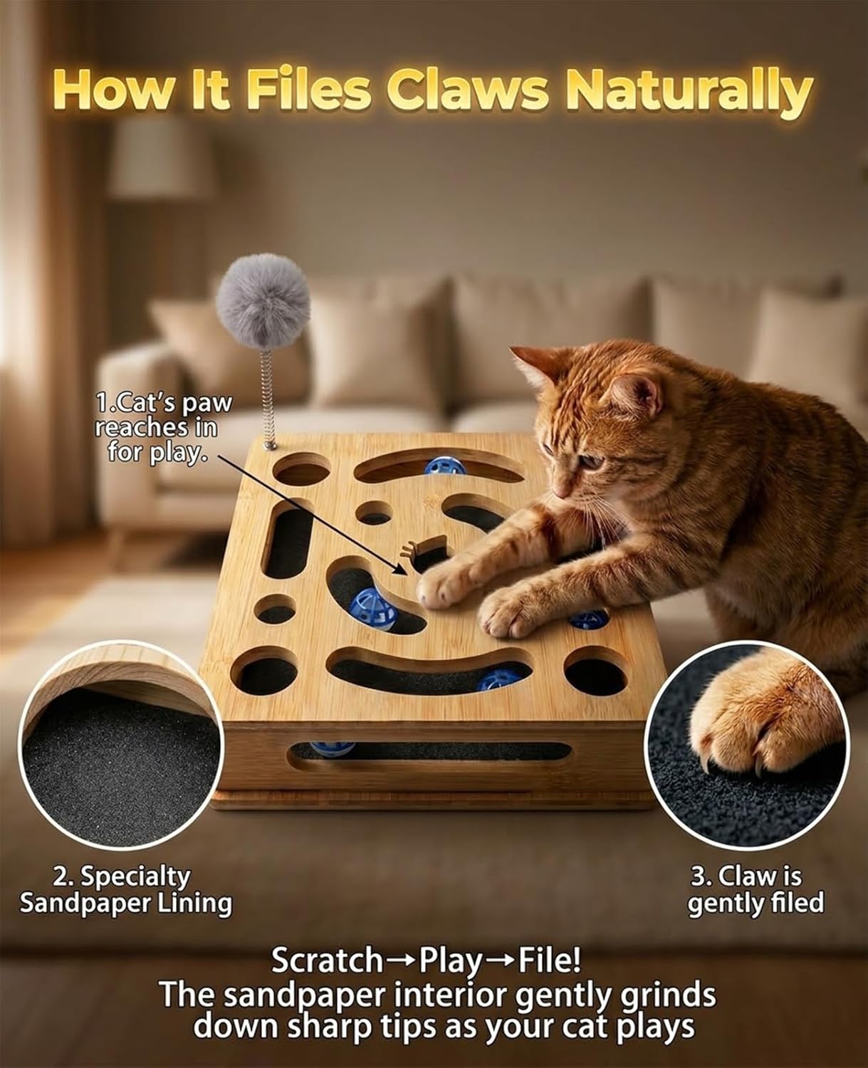 Cat Nail File Scratcher Enrichment Box, Wooden Cat Scratch Puzzle Box, Toy Scratcher with Sandpaper Inside