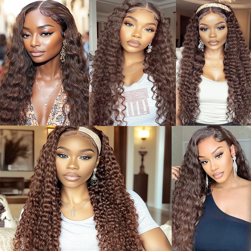 Chocolate Brown Human Hair Bundles Color #4 Dark Brown Deep Wave Bundles (18 20 22 Inch) Double Weft Brazilian Human Hair Weave Extensions for Black Women No Shedding & Lightweight
