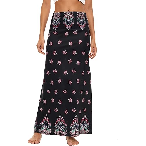 Zando Long Skirts for Women Trendy Dresses High Waisted Maxi Skirt Casual Workout Stretchy Flared Flower Skirt for Girls