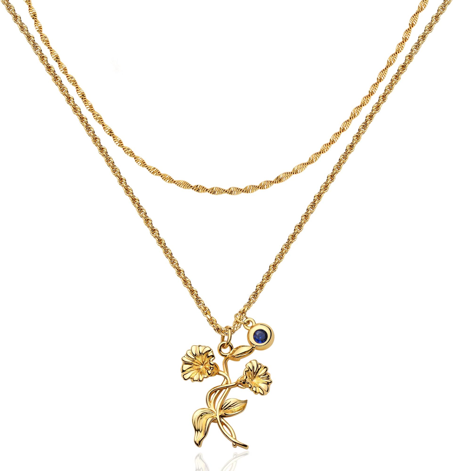 Birth Flower Necklaces for Women 18K Gold Plated Dainty Layered Birth Month Flower with Birthstone Pendant Necklaces Personalized Custom Floral Jewelry