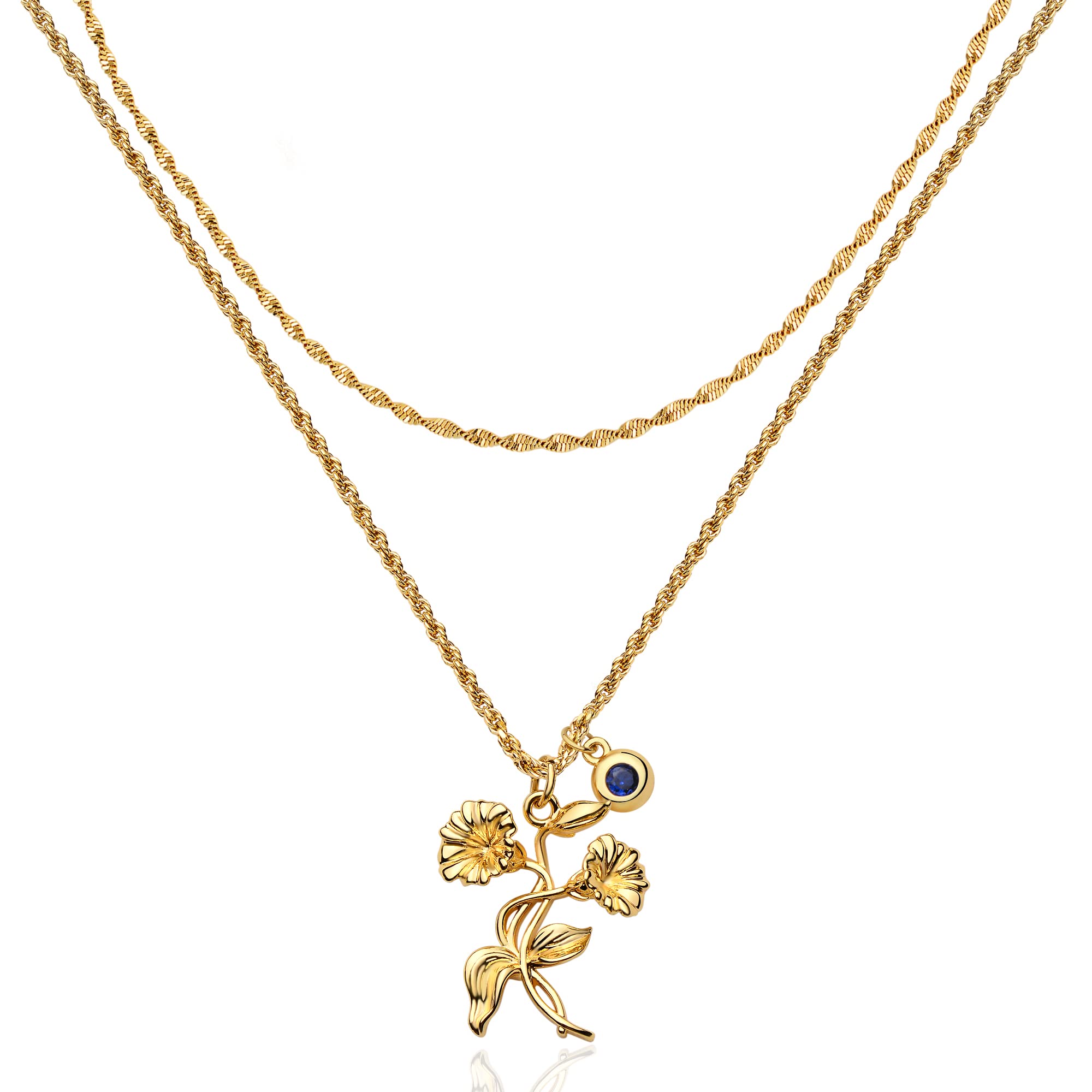 MTMYBirth Flower Necklaces for Women 18K Gold Plated Dainty Layered Birth Month Flower with Birthstone Pendant Necklaces Personalized Custom Floral Jewelry