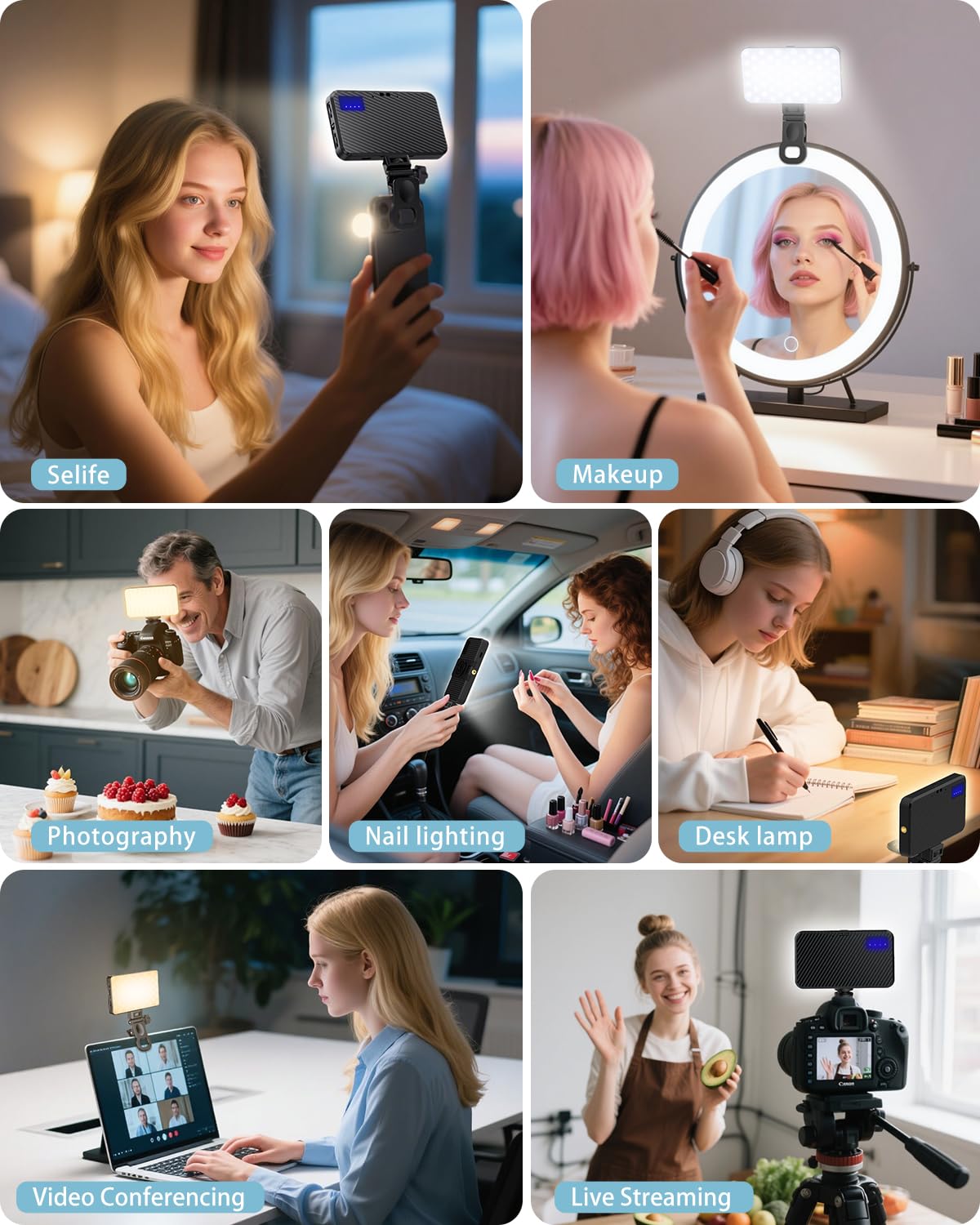 120 LED Selfie Lumière pour iPhone, 3000 mAh Rechargeable Portable Selfie Lumière avec 6 filtres de Couleur, IRC 95+ 2500K-9000K Lumière réglable pour Enregistrement vidéo