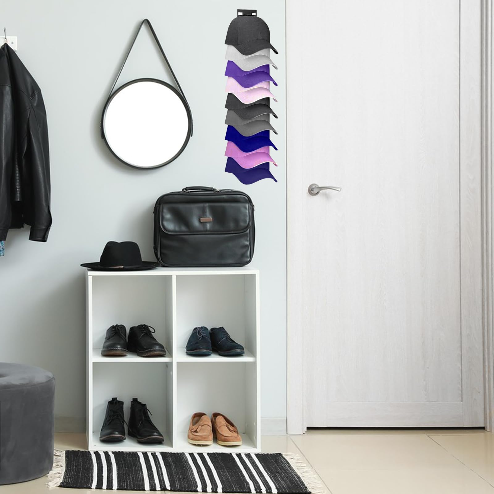 2 piezas Colgador Gorras Autoadhesivo, Organizador Gorras para sombreros de pared con adhesivo fuerte, Soporta Hasta 18 Sombreros para Puerta, Armario y Dormitorio​ (Negro)