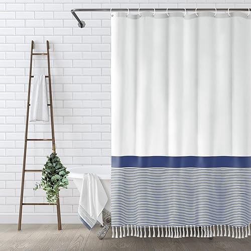 Awellife Cortina de ducha de tela estilo campestre, cortina de ducha bohemia de lino para baño (72 pulgadas de largo x 72 pulgadas de ancho, azul