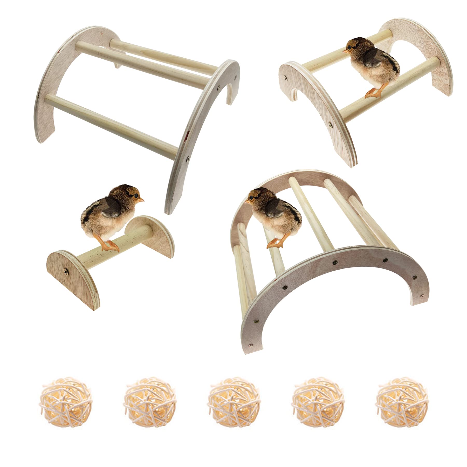 4 Pz Pulcino Supporto in Legno Posatoi per Uccelli Posatoi in Legno Pulcino Persico con 5 Pz di Palline in Rattan per Galline Pappagallo