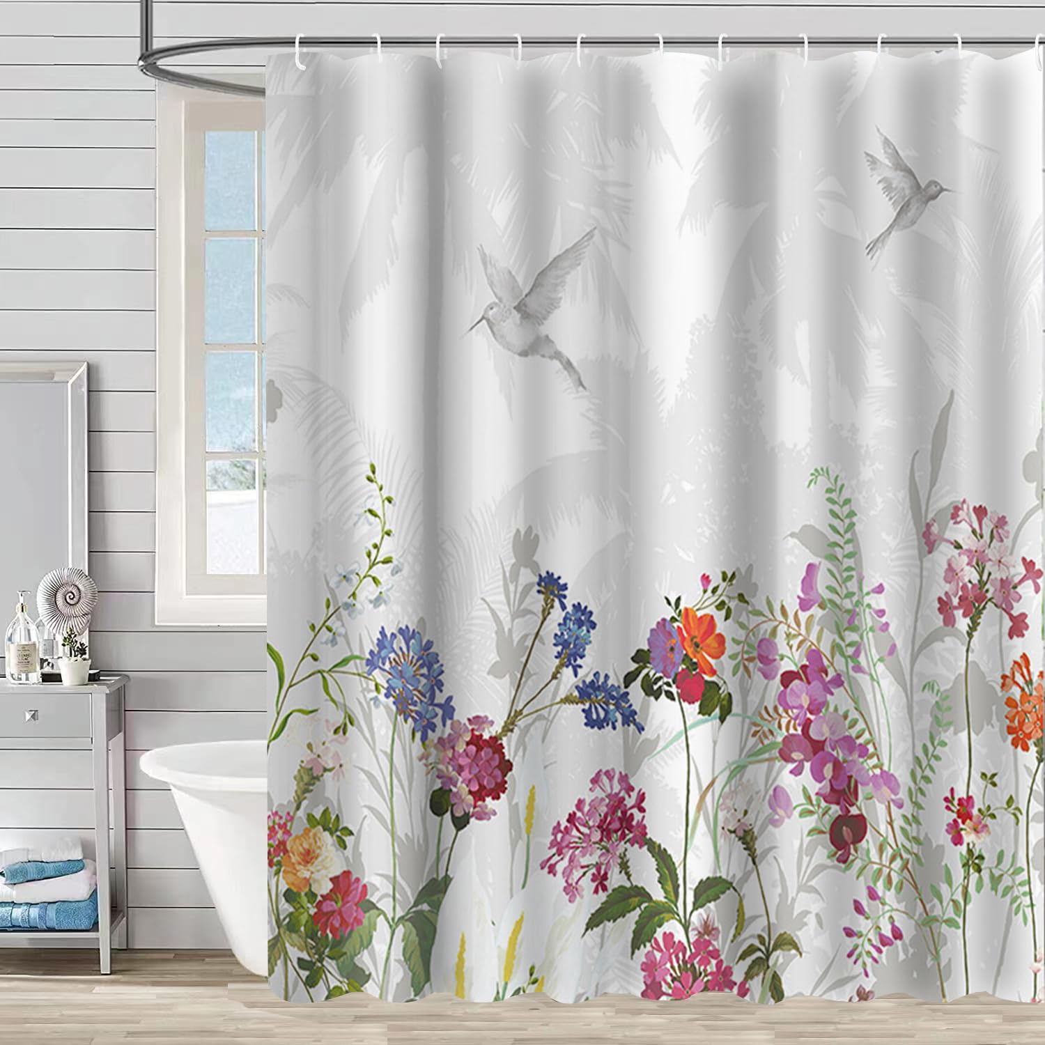 Jemsia Shower Curtain for Bathroom,Floral Bird Print Waterproof Anti Mould Bath Curtain with Weighted Hem,12 Hooks Floral Washable Polyester Shower Curtains for Bathroom Tubs Spa Wet Room