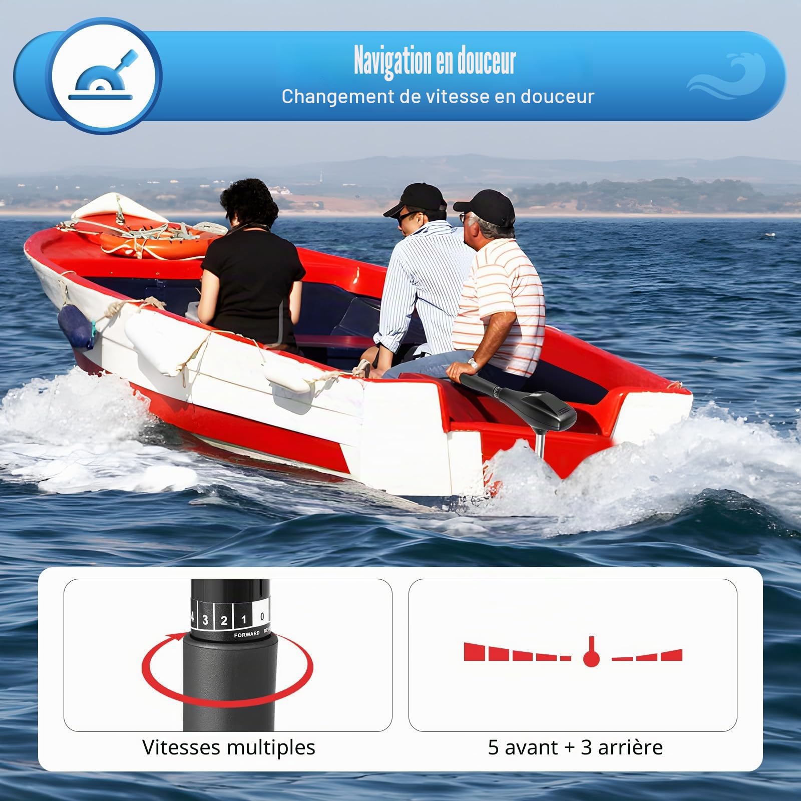 Moteur électrique hors-bord pour bateau 12 V 58 lbs Force de poussée Moteur électrique sans permis de conduire Bateau pneumatique Moteur électrique 5 vitesses avant 3 vitesses arrière Moteur