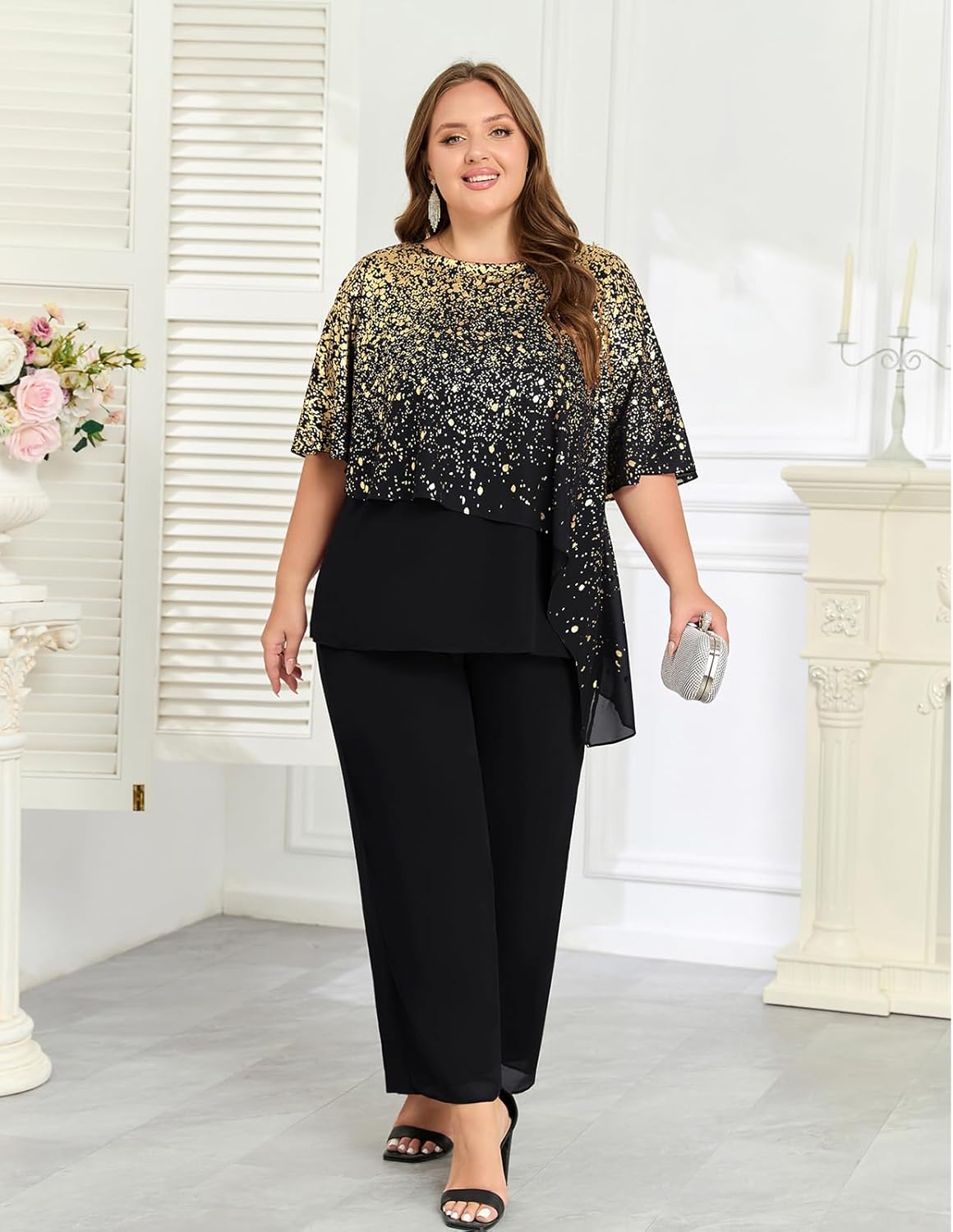 Hanna Nikole 2025 Plus Size Mother of Bride Pant Suits 2 Piece Ruffle Layers Chiffon Sets Hot Stamping Wedding Guest Outfit - Image 6