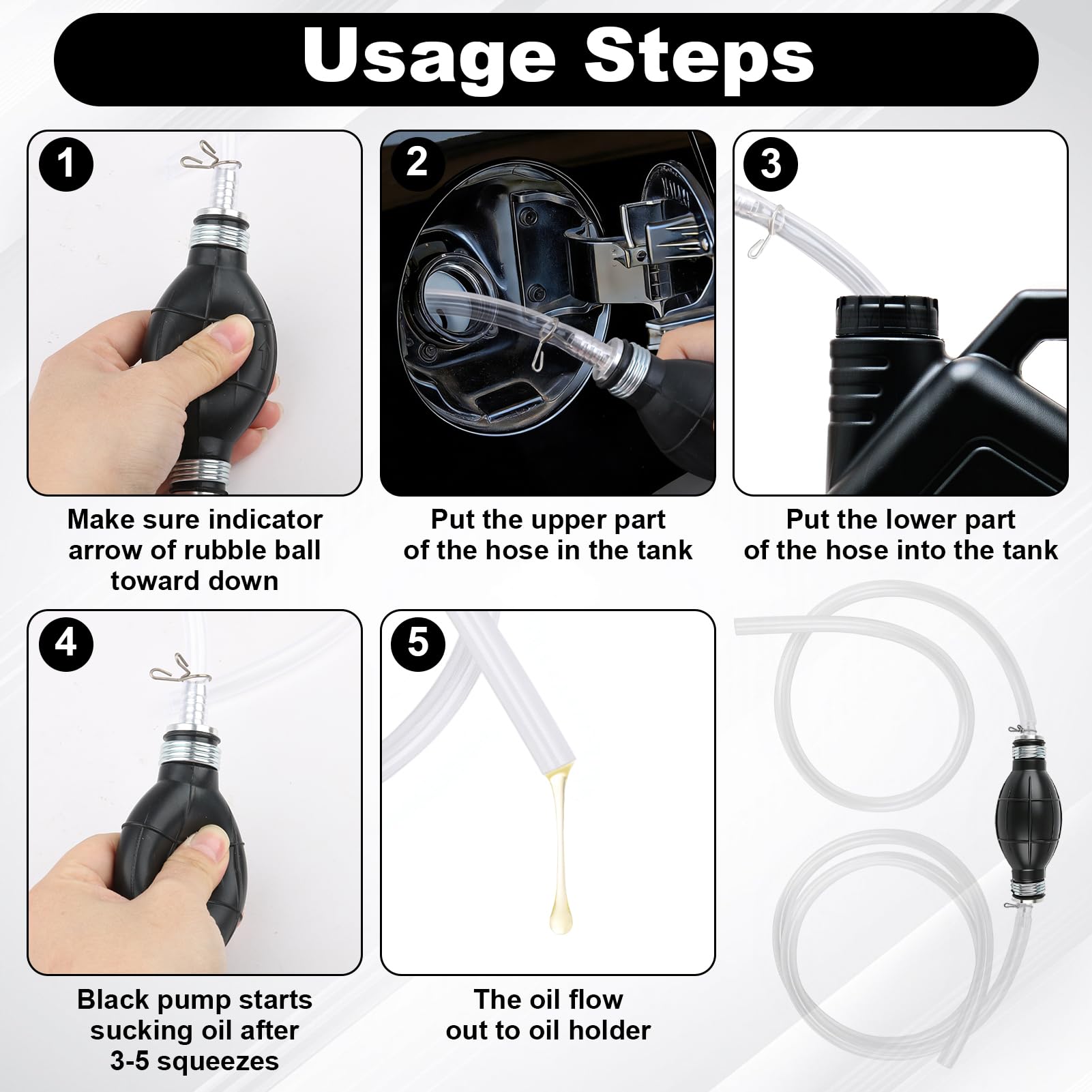 2m Fuel Syphon Pump Kit, Manual Hand Siphon Hose Portable Fuel Transfer with Non-Slip Rubber Bulb & 1.2m+0.8m PVC Tubes for Petrol, Diesel, Oil, Water, Fish Tank, Car, Boats — view 4