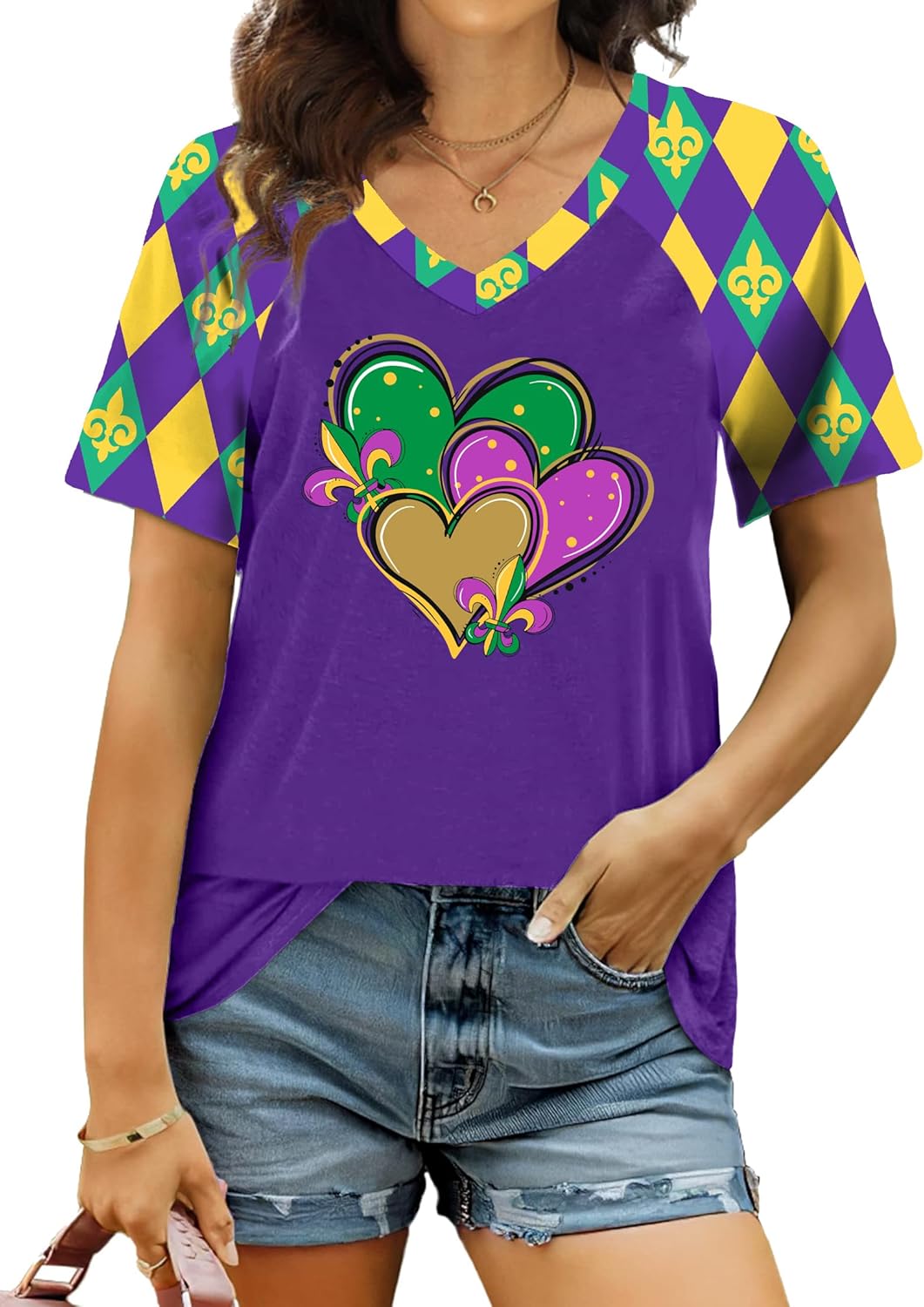 VVNTY Mardi Gras T Shirt for Women: Funny Fat Tuesday Carnival Shirts New Orleans Party V Neck Tee Tshirt