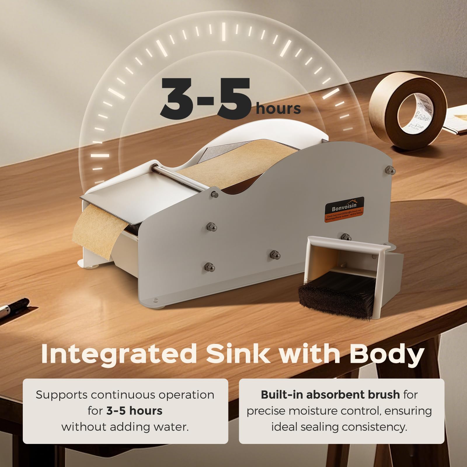 Bonvoisin Dispenser di nastro attivato ad acqua, manuale per carta kraft 25-90 mm, corpo in ferro, foglio in acciaio inox, serbatoio dell'acqua per 3-5 ore di funzionamento (originale)