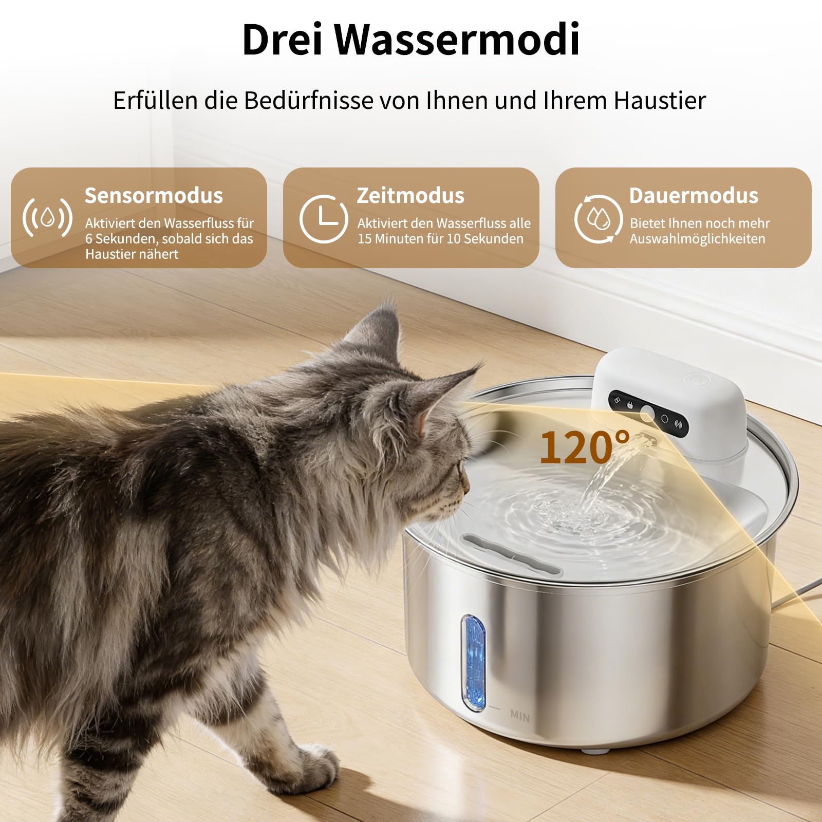 Katzenbrunnen Edelstahl 3.2L, Kabelloser Trinkbrunnen für Katze mit 4000mAh Akku, Wasserbrunnen für Katzen mit Bewegungsmelder, Leise & Spülmaschinenfester, Katzentrinkbrunnen für Hunde