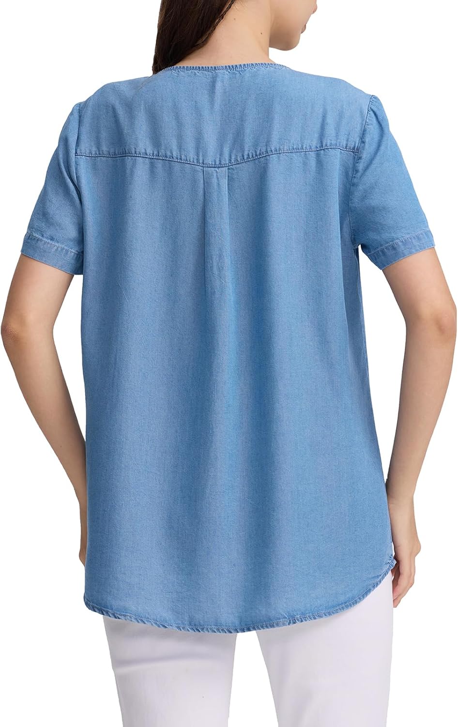 FASHIONSPARK Women's Denim Shirt Pleat V Neck Blouse Short Sleeve with Buttons Basic Casual Jean Shirt - Image 5