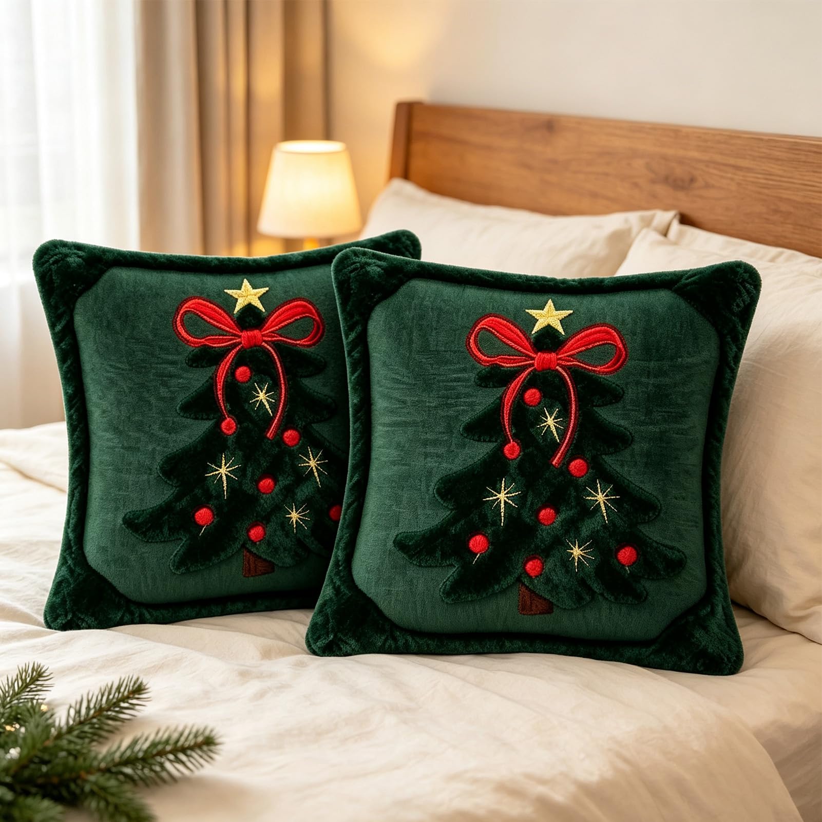 2Pcs Christmas Cushion Covers 45 x 45cm with Plush Trim, Christmas Decor、B